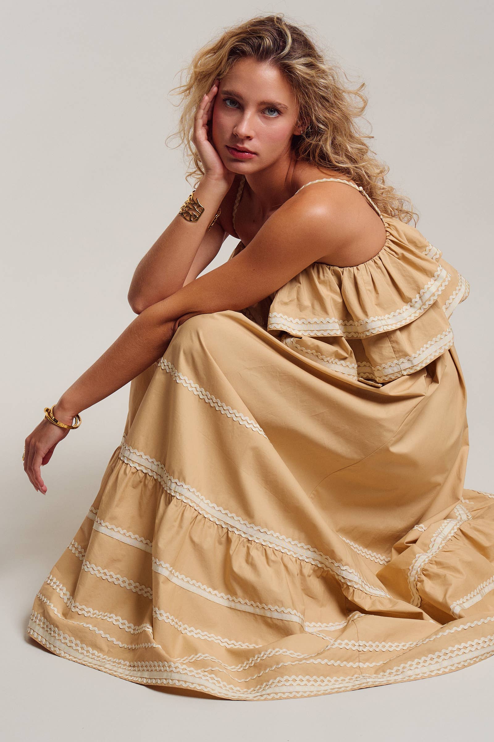 Rickrack Trim Tiered Ruffle Cotton Maxi Dress