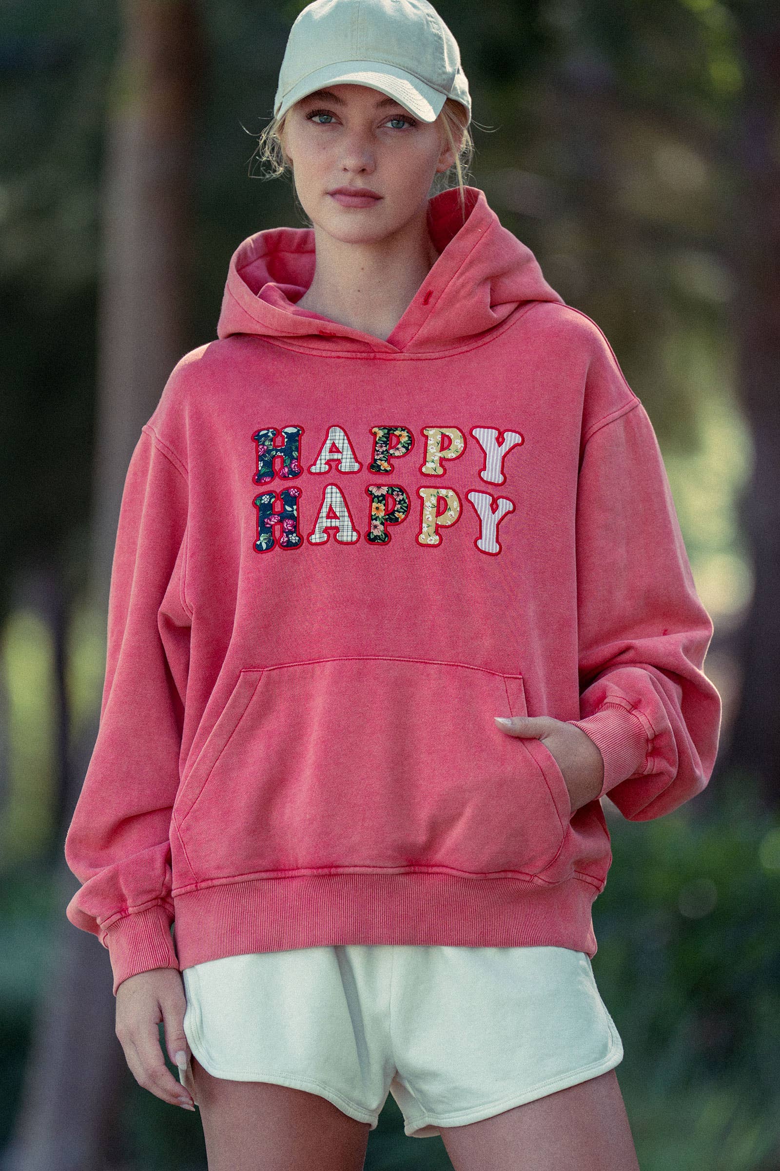 Urban Daizy "HAPPY HAPPY" Vintage Washed Hoodie Red Hoodie - Women's (UDZ-KN-00891) – alternate view 11