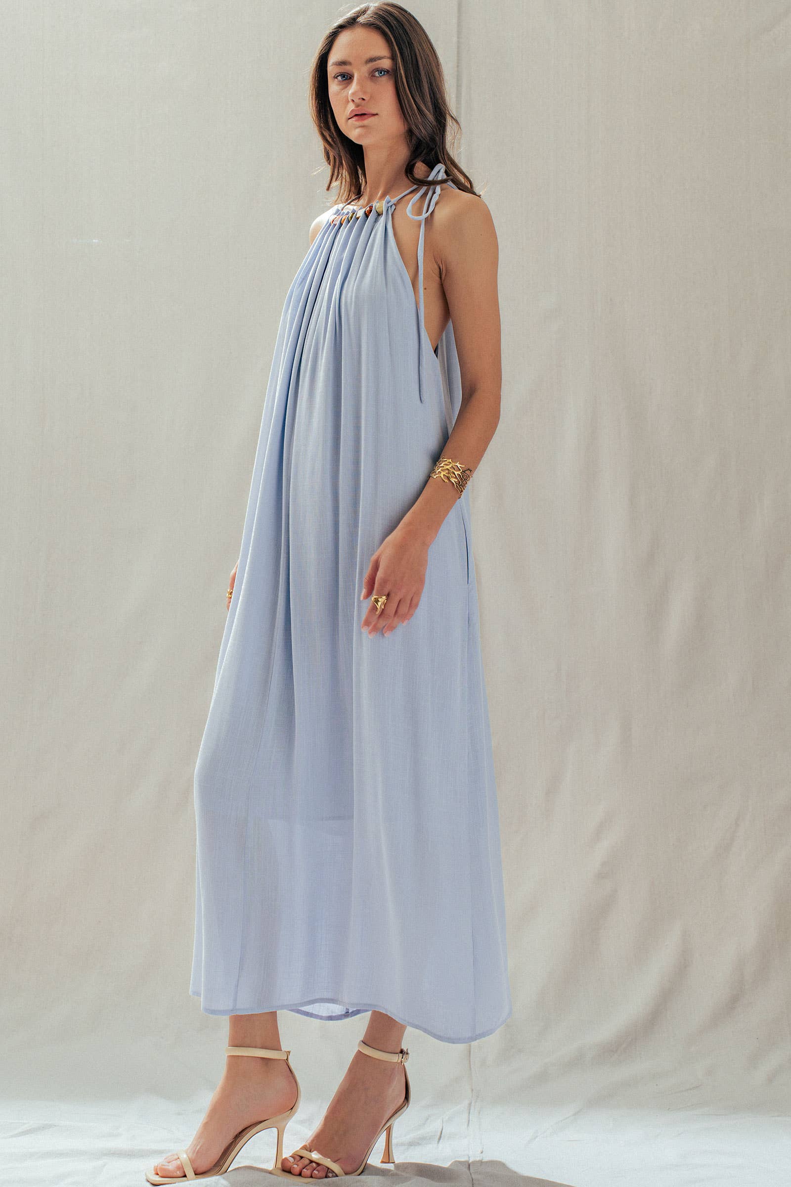 Beaded Halter Neck Linen Blend Maxi Dress