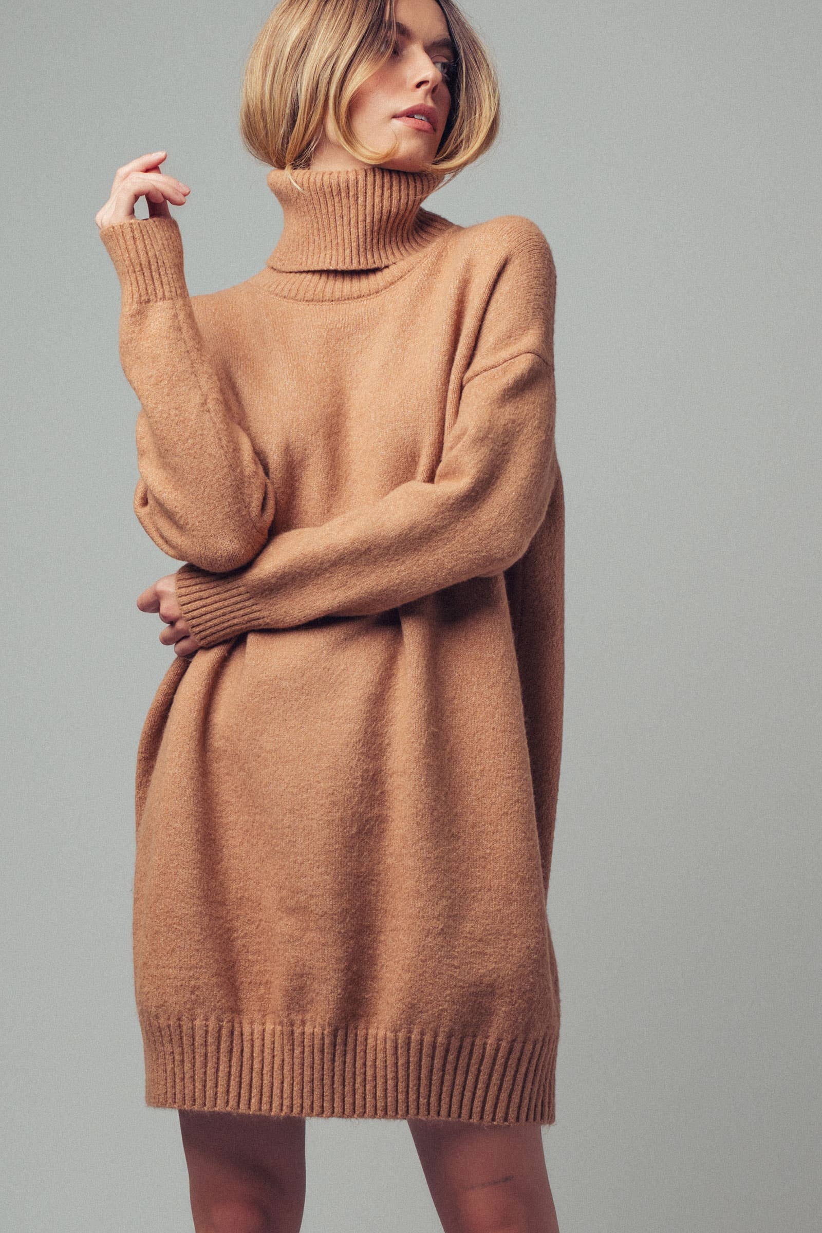 Oversized Turtleneck Ribbed Knit Sweater Dress