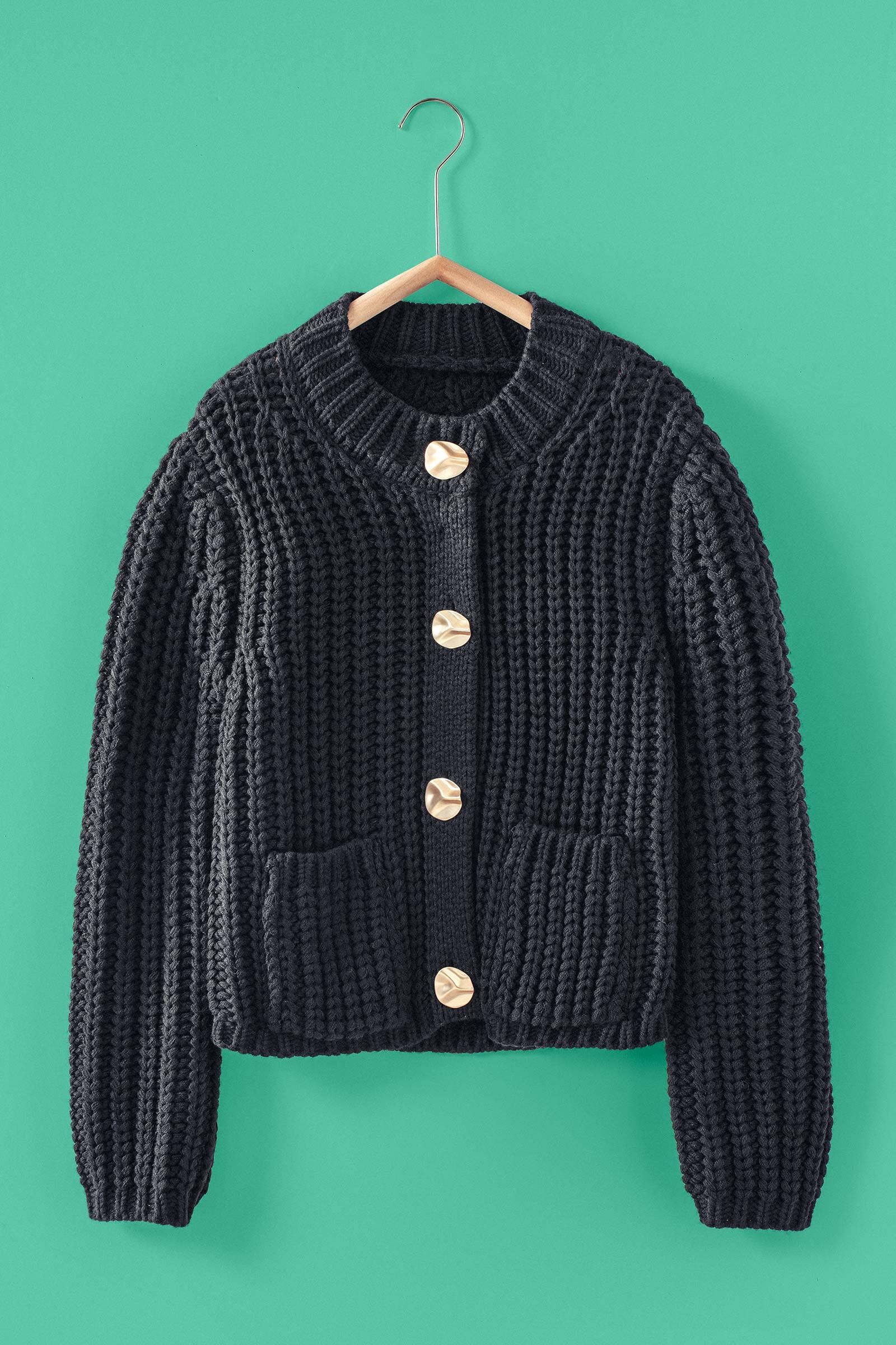 Chunky Gold Button Ribbed Knit Cardigan