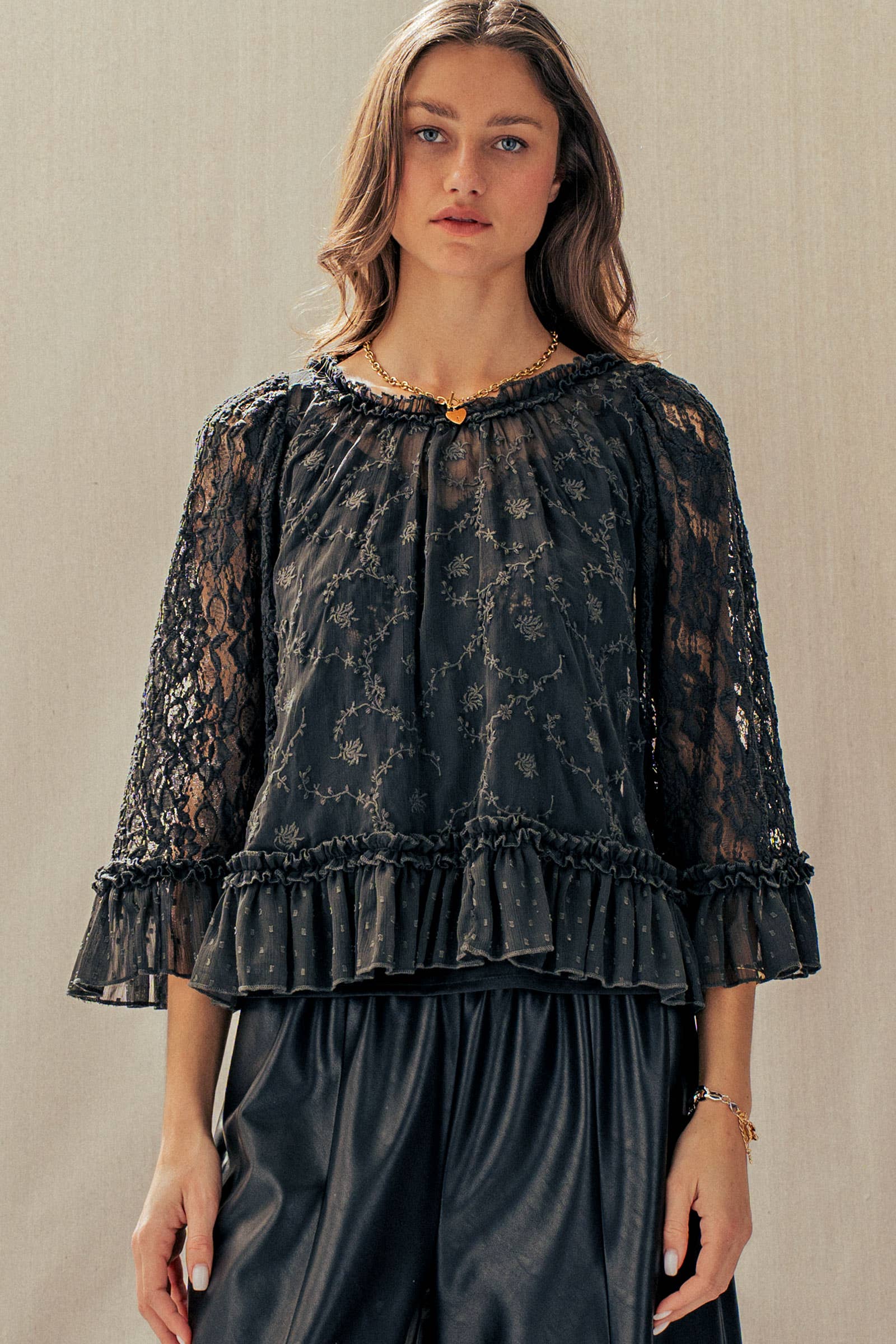 Swiss Dot Lace Top Ruffle Flutter Sleeve