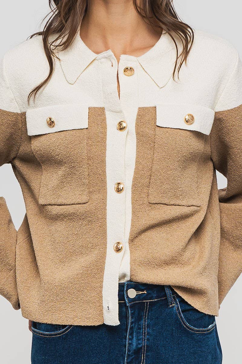 Urban Daizy Colorblock Button-Up Cropped Coat Cream-Black Coat - Women's (UDZ-OT-00349) – alternate view 10