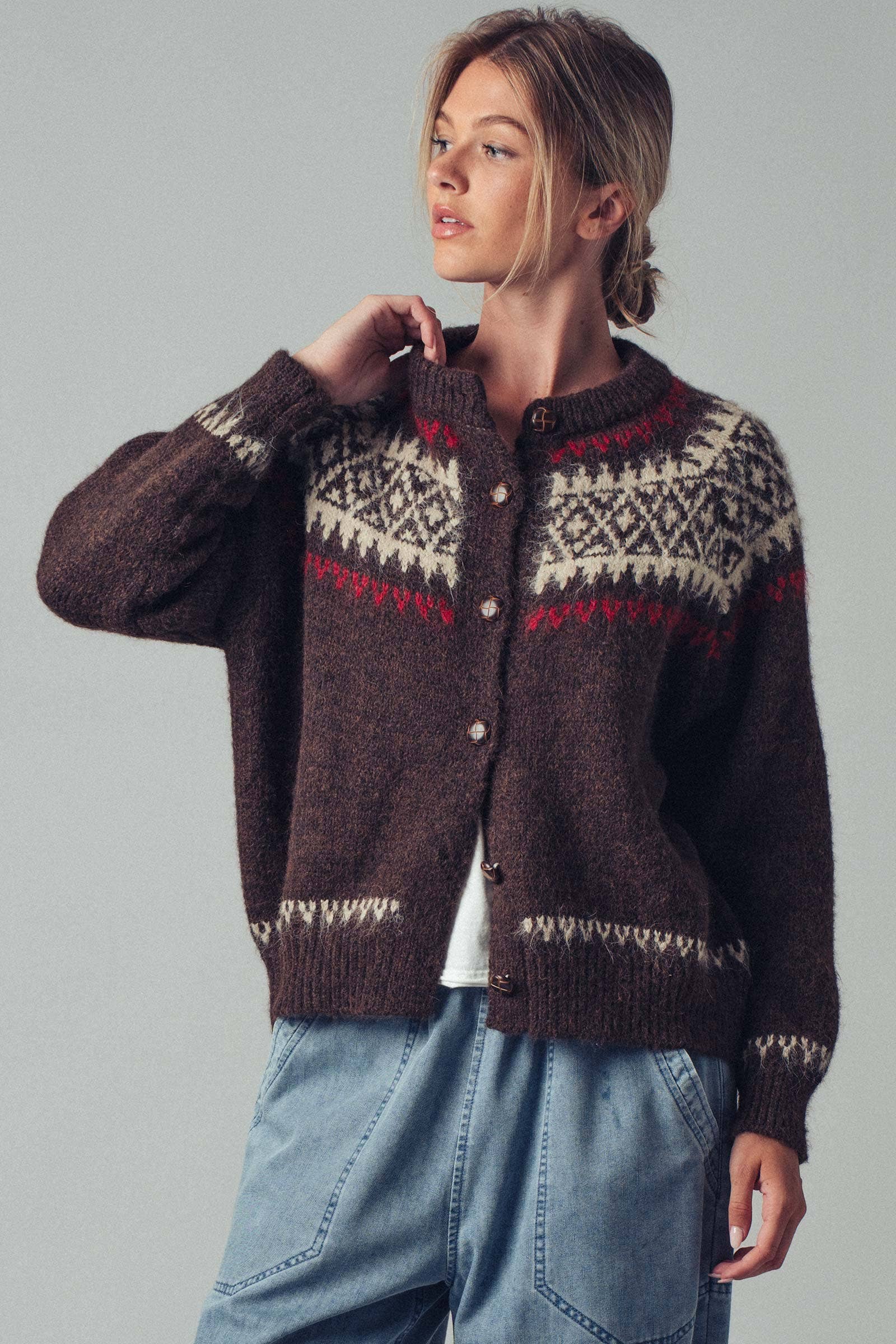 Urban Daizy Fair Isle Nordic Toggle Knit Cardigan Ivory Cardigan - Women's (UDZ-PT-00355) – alternate view 5