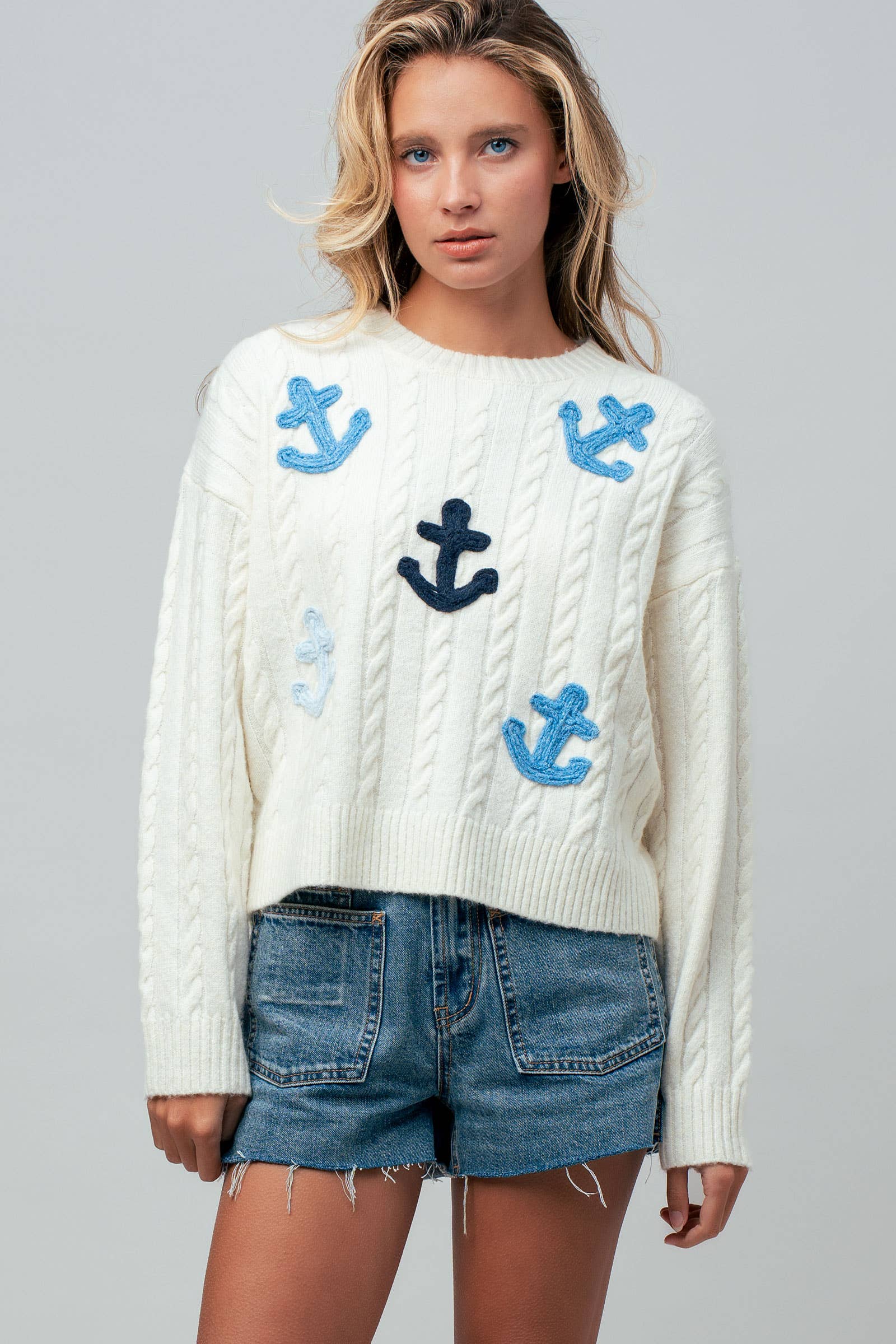 Nautical Anchor Applique Cable Knit Sweater