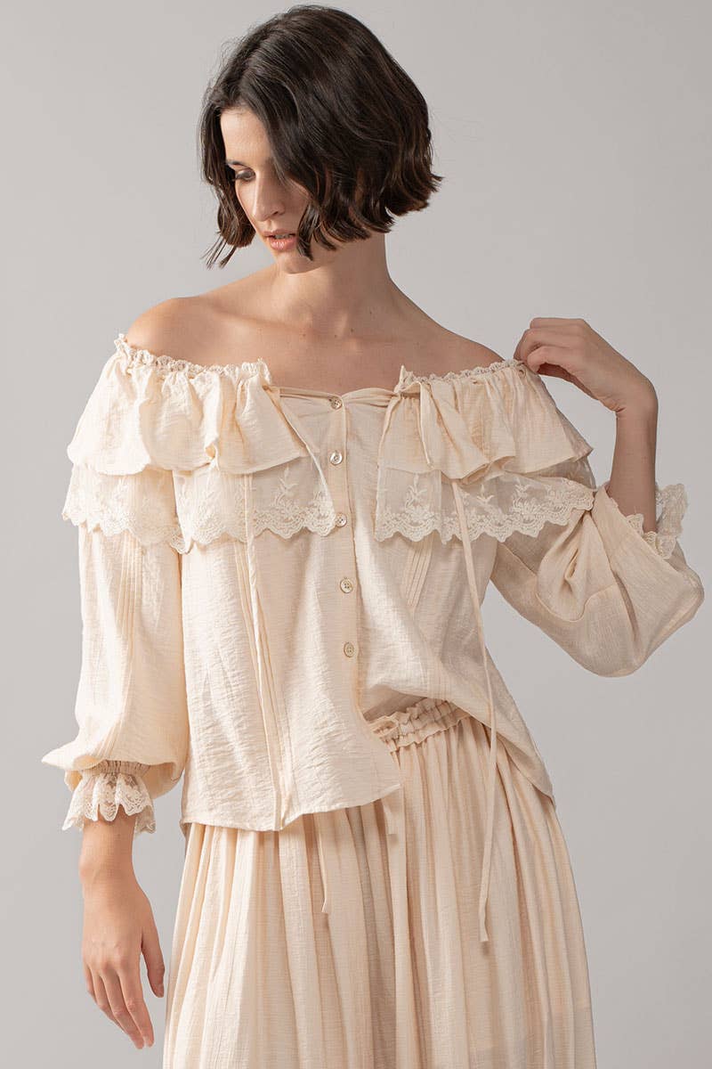 Lace Trim Ruffle Tie Neck Spring Blouse Top