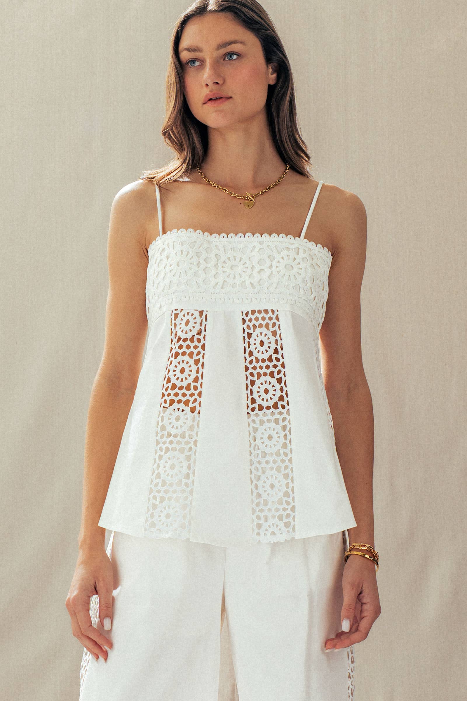 Cotton Eyelet Two-Piece Set Peplum Cami & Pants