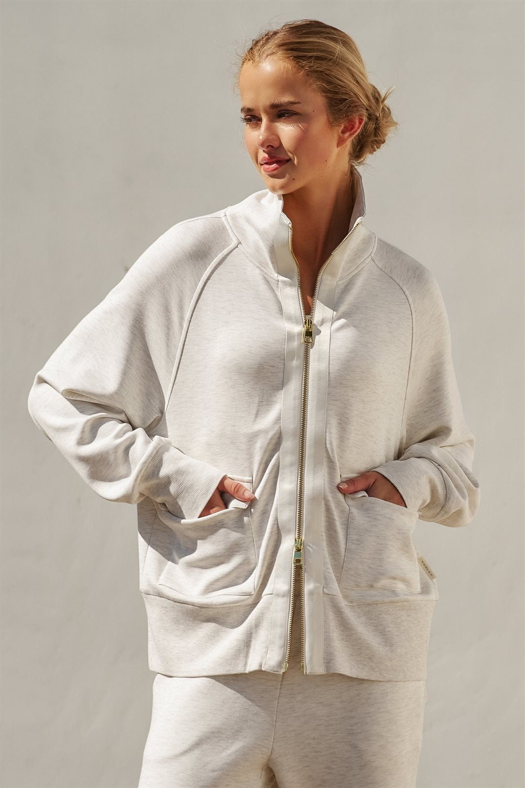 Scuba Zip Up Track Bomber Jacket Pilates Athflow for Women in WHITE MELANGE - Women's Jackets & Blazers | Urban Daizy