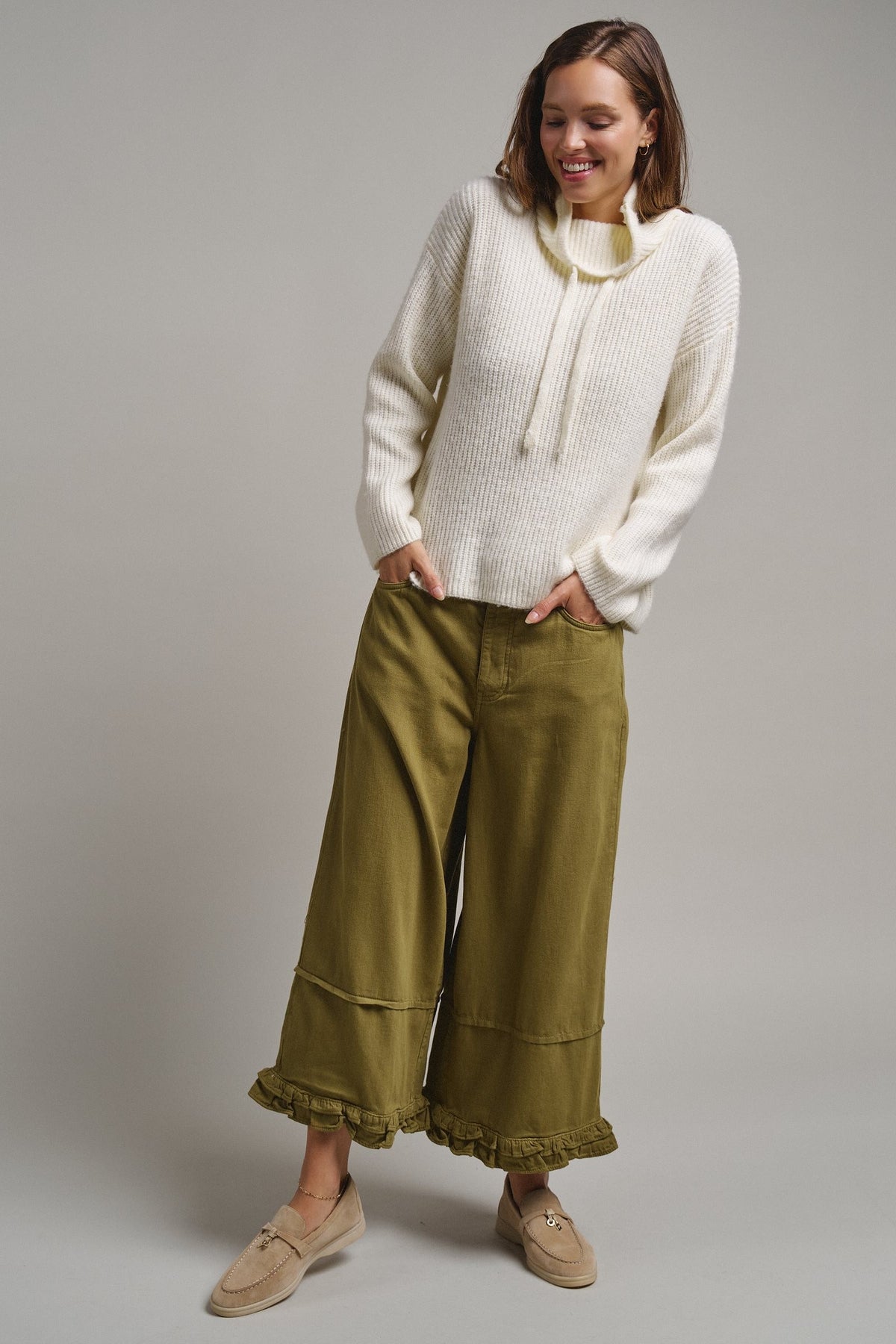 Ribbed Funnel Neck Knit Sweater in IVORY - Women's Sweaters | Urban Daizy