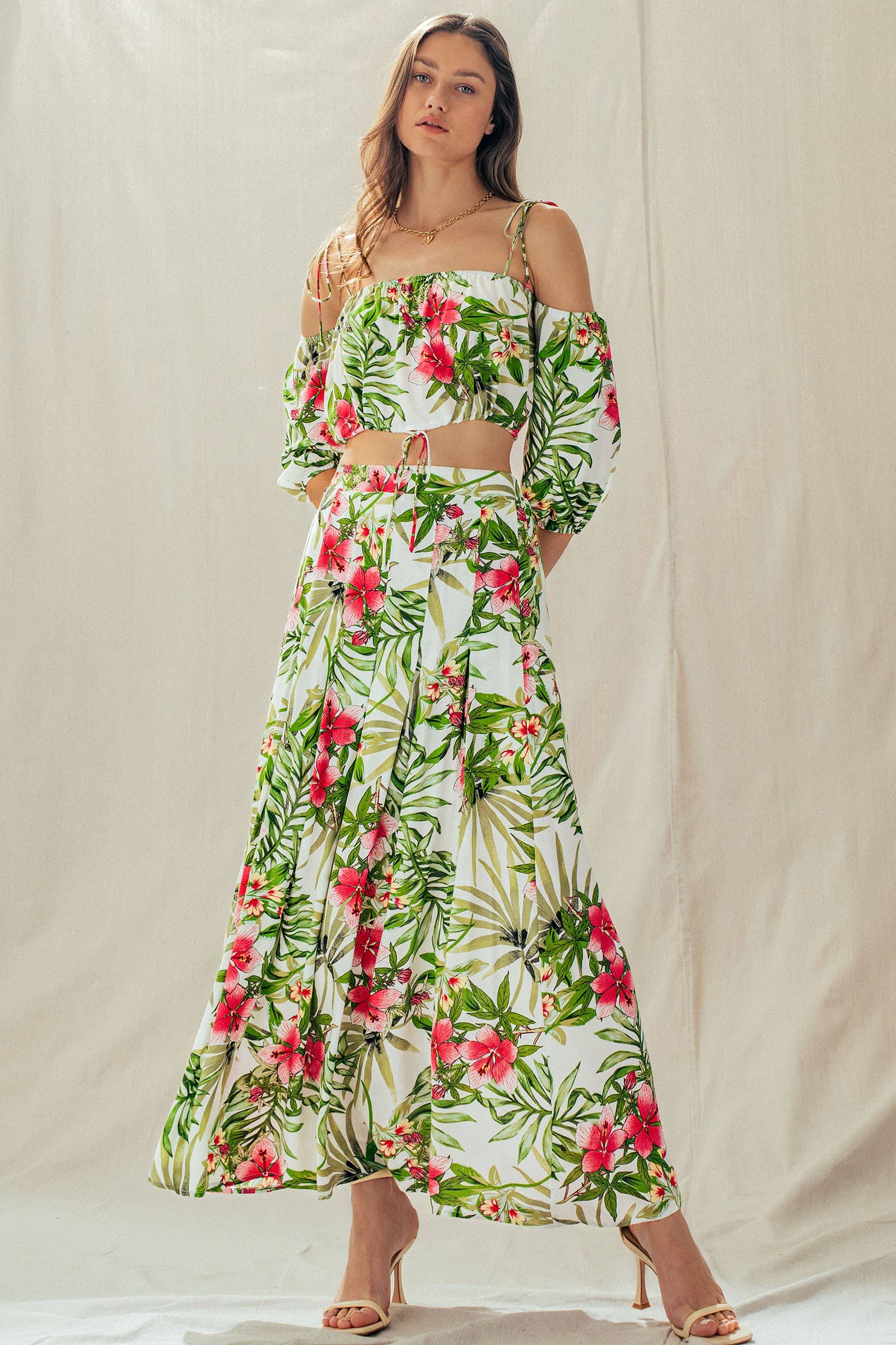 Urban Daizy Off Shoulder Crop Top with Floral Maxi Skirt White Top & Skirt Set - Women's (UDZ-AC-00238) – alternate view 6