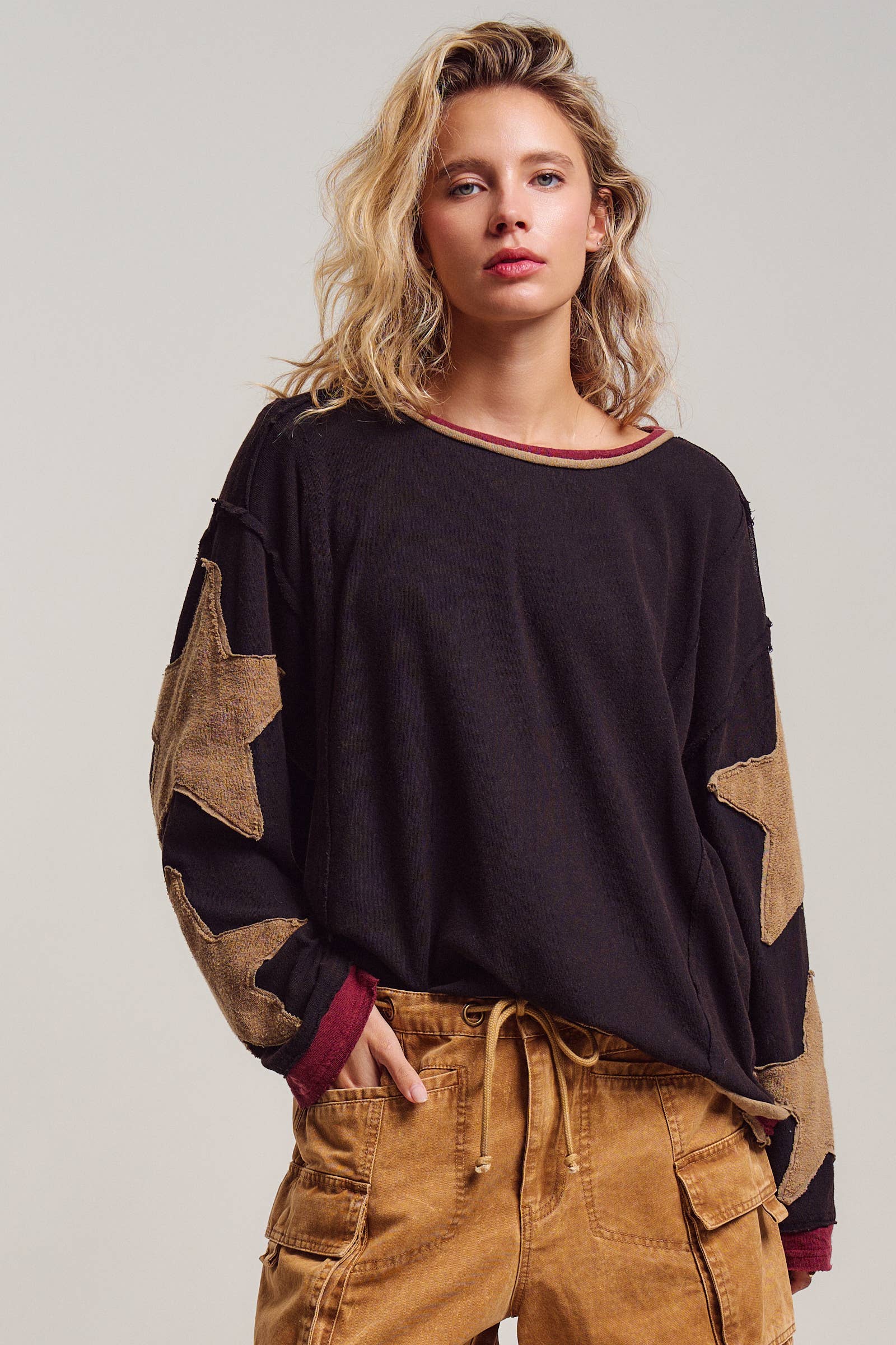 Urban Daizy Raw Seam Star Patch Slouchy Knit Top Brown Knit Top - Women's (UDTP1432-Brown) – alternate view 2
