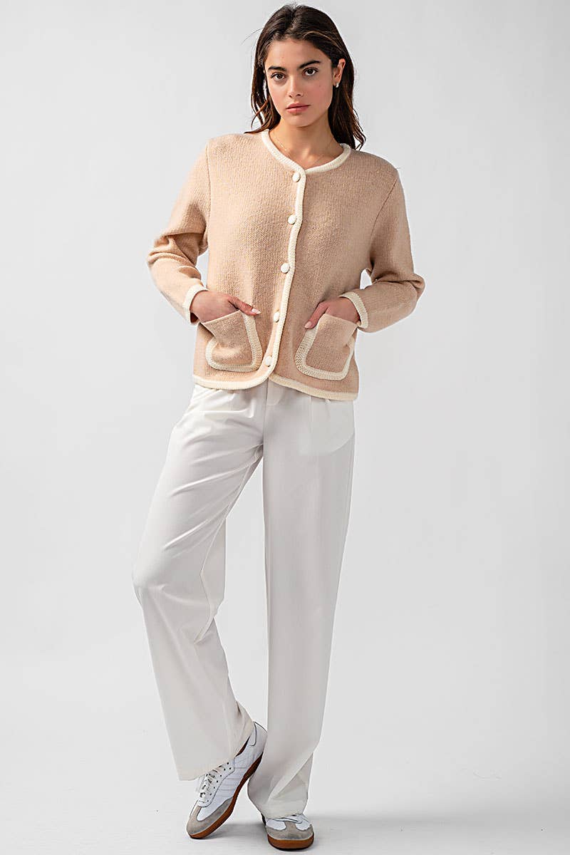 Urban Daizy Classic Contrast Trim Patch Pocket Cardigan Ivory Cardigan - Women's (UDZ-KN-00363) – alternate view 9