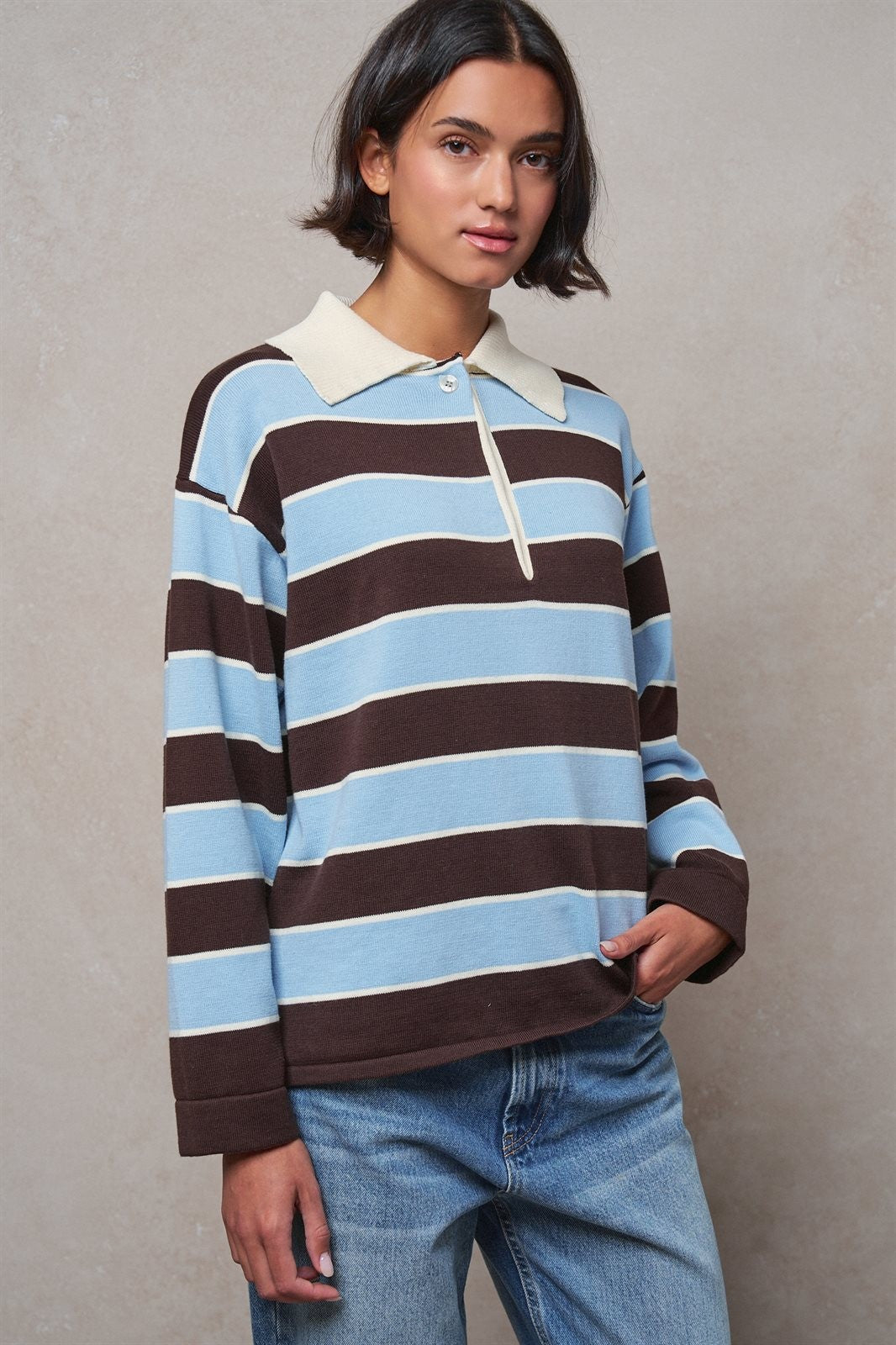 Striped Knit Rugby Polo Sweater in BROWN BLUE - Women's Sweaters | Urban Daizy