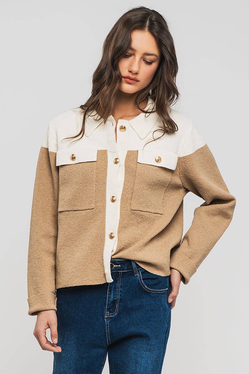 Urban Daizy Colorblock Button-Up Cropped Coat Cream-Black Coat - Women's (UDZ-OT-00349) – alternate view 11
