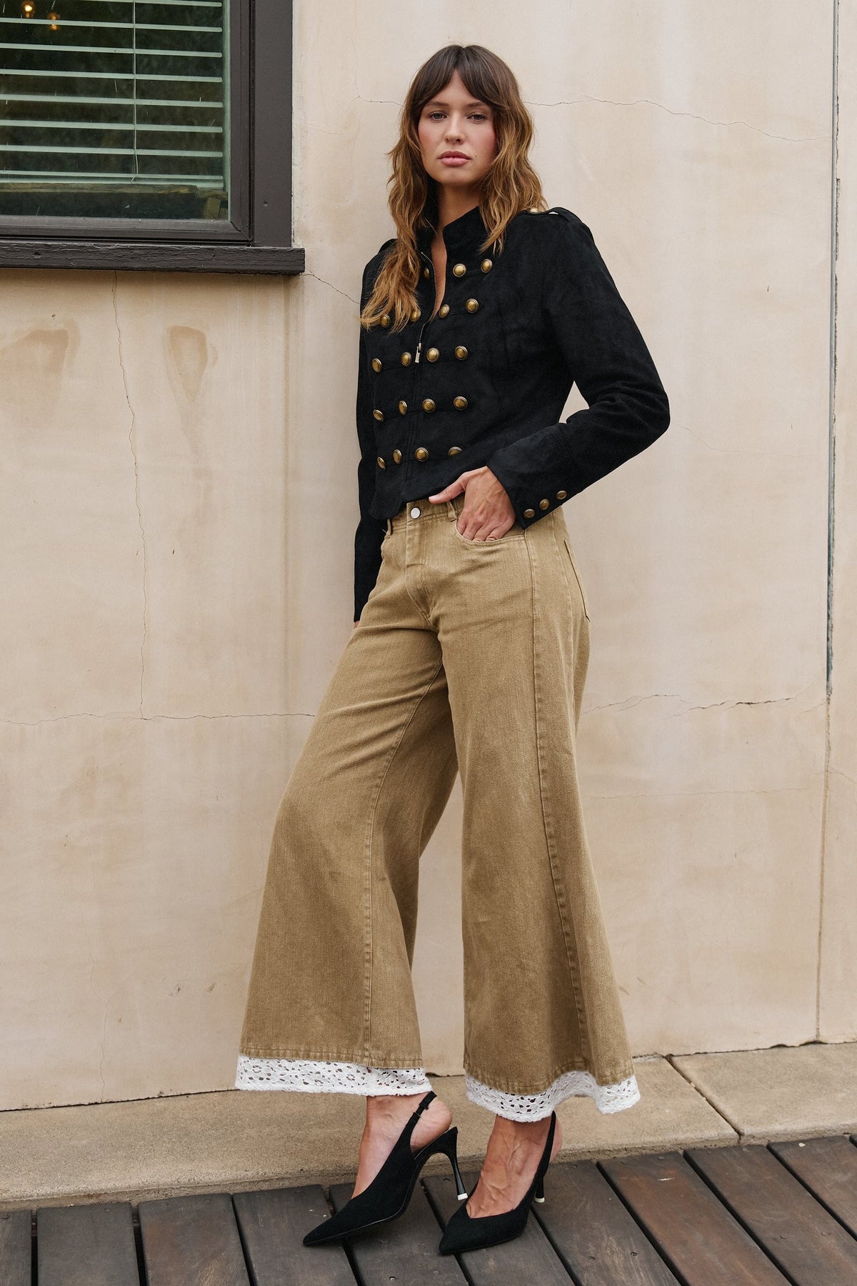 Wide Leg Lace Hem Denim Casual Pants in TAUPE	 - Women's Casual Pants | Urban Daizy