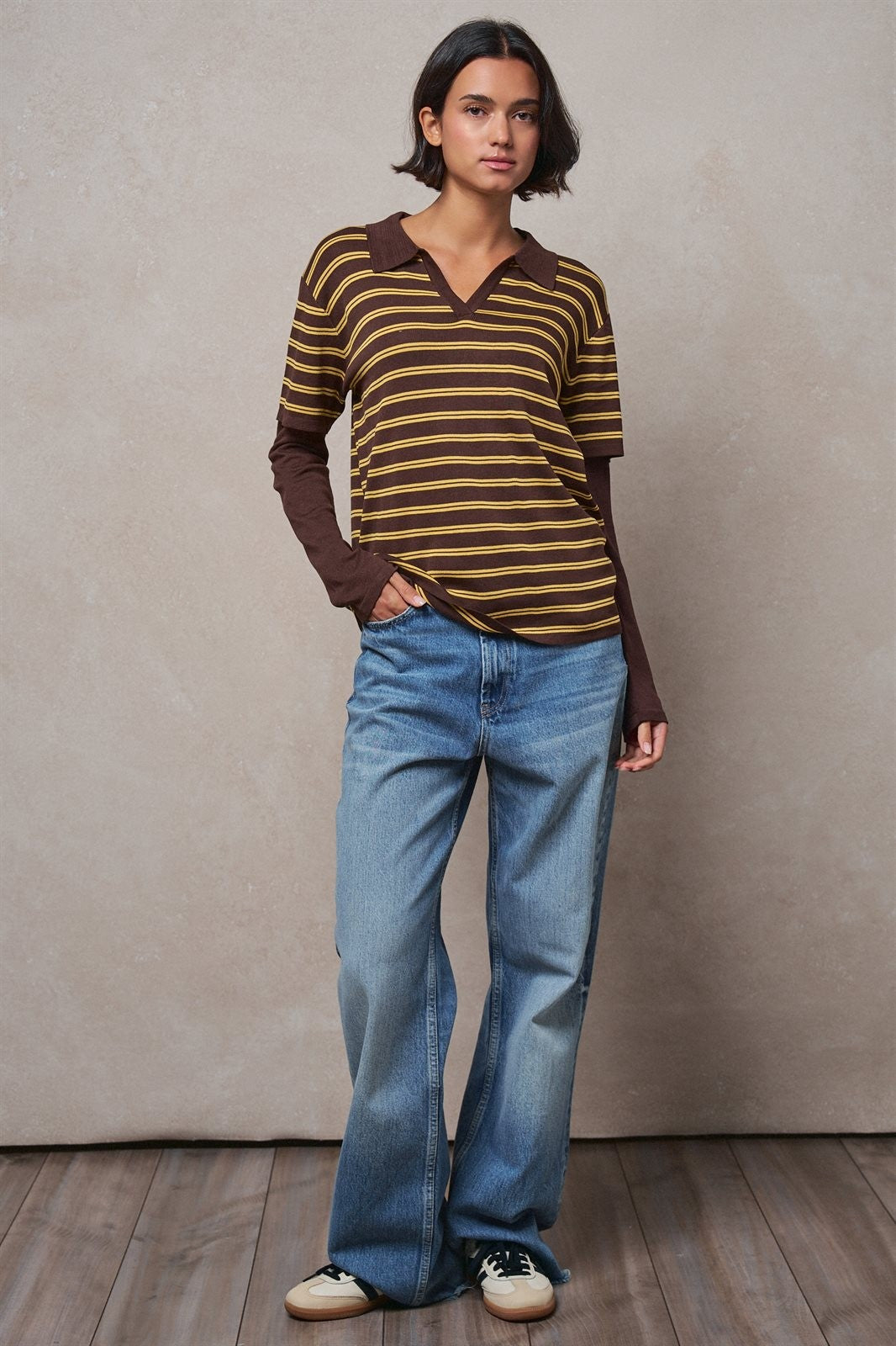 Striped Collared Layered Polo Top in BROWN - Women's Sweaters | Urban Daizy