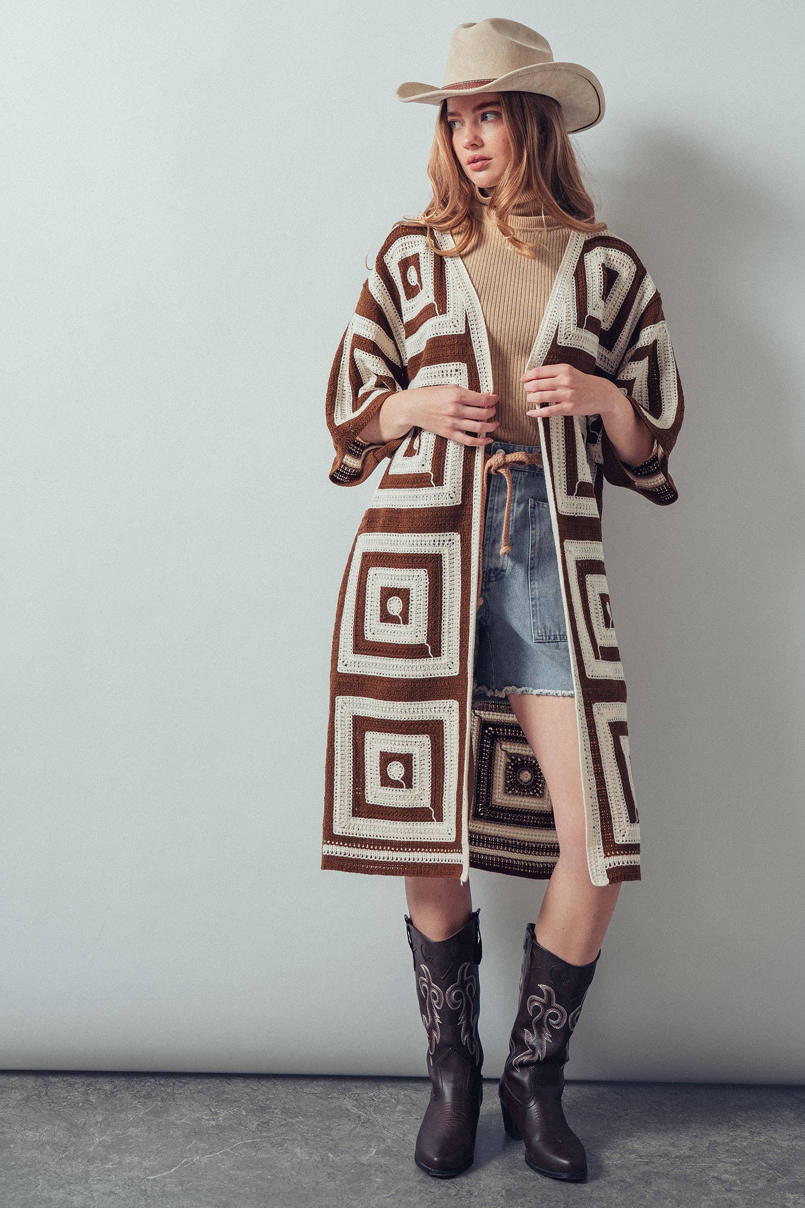 Geometric Granny Square Crochet Open Front Cardigan