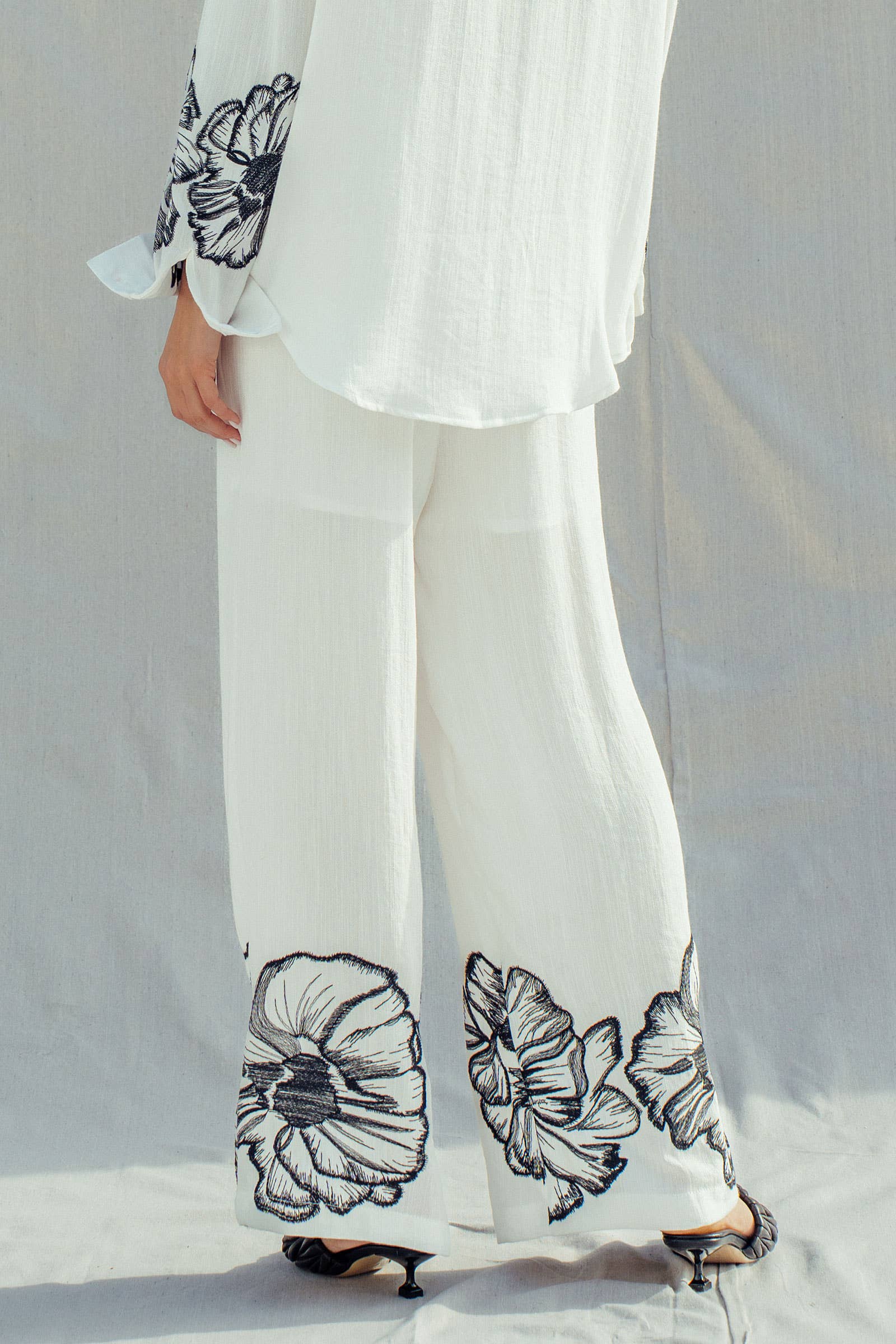 Floral Embroidered Wide Leg Drawstring Pants