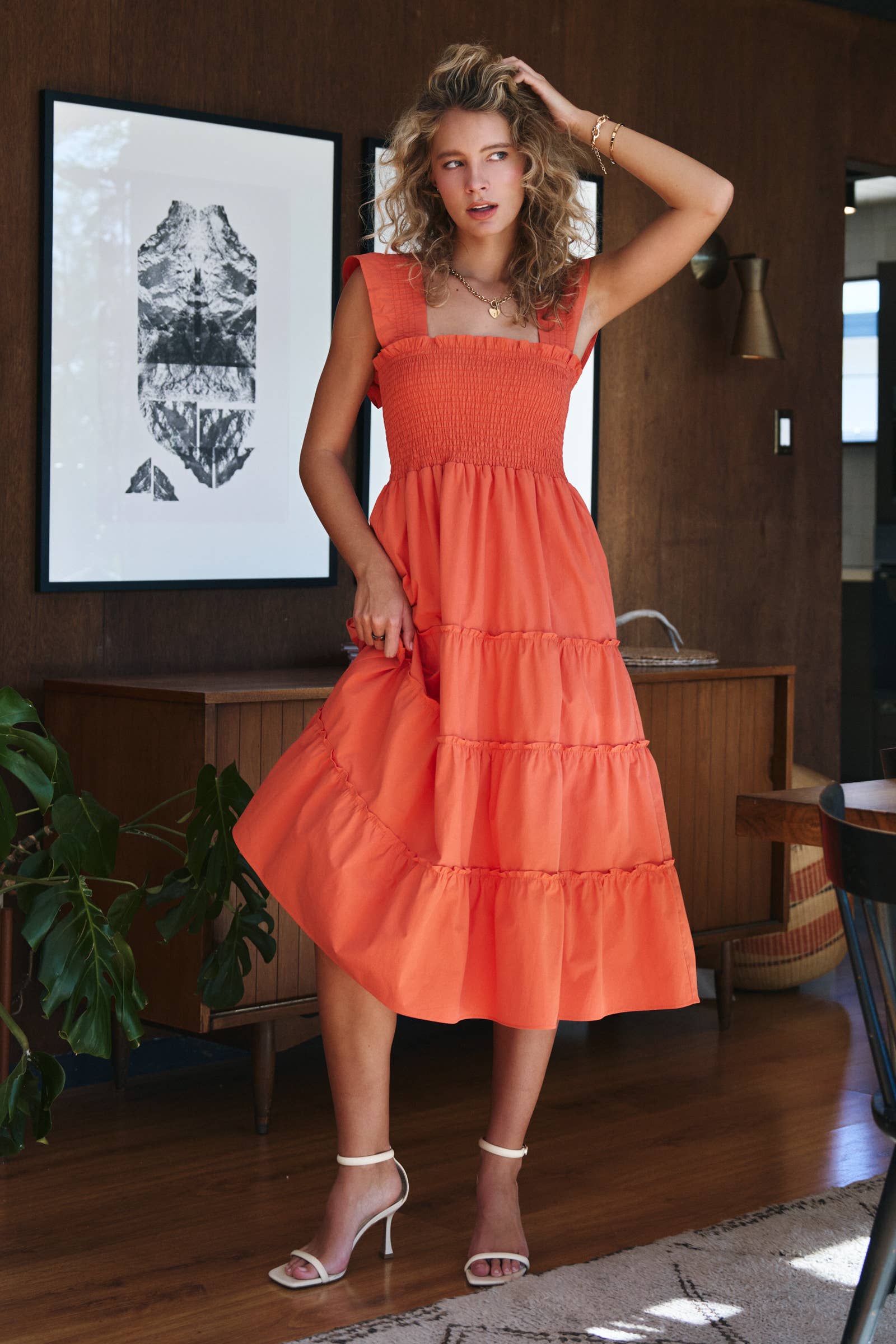 Cotton Smocked Tiered Midi Dress