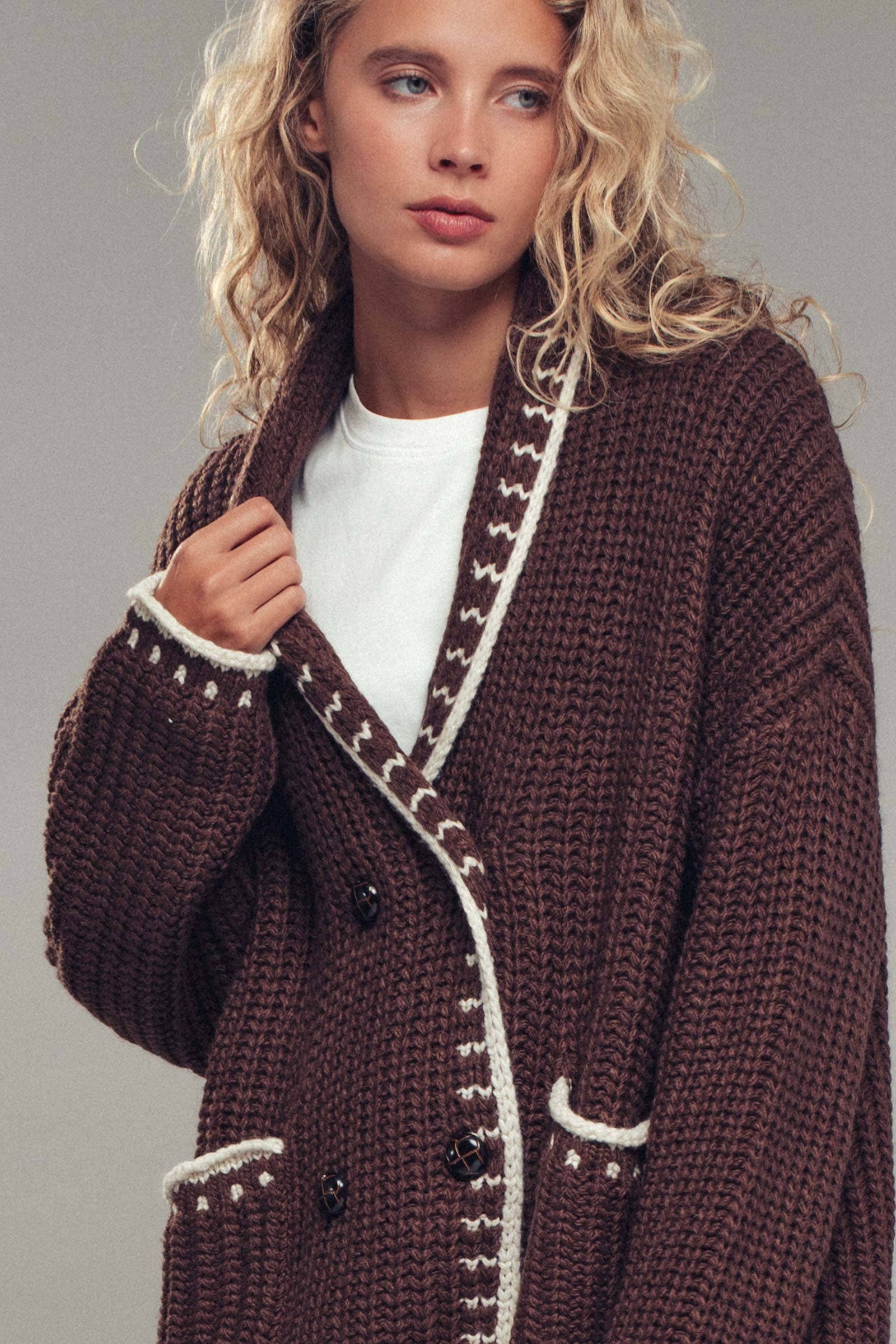 Urban Daizy Chunky Knit Oversized Contrast Cardigan Taupe Cardigan - Women's (UDZ-TP-00814) – alternate view 6