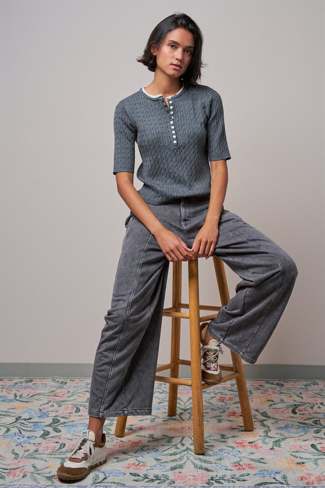 Wool Blend Cable Knit Henley with Contrast Neckline in GREY - Women's Sweaters | Urban Daizy
