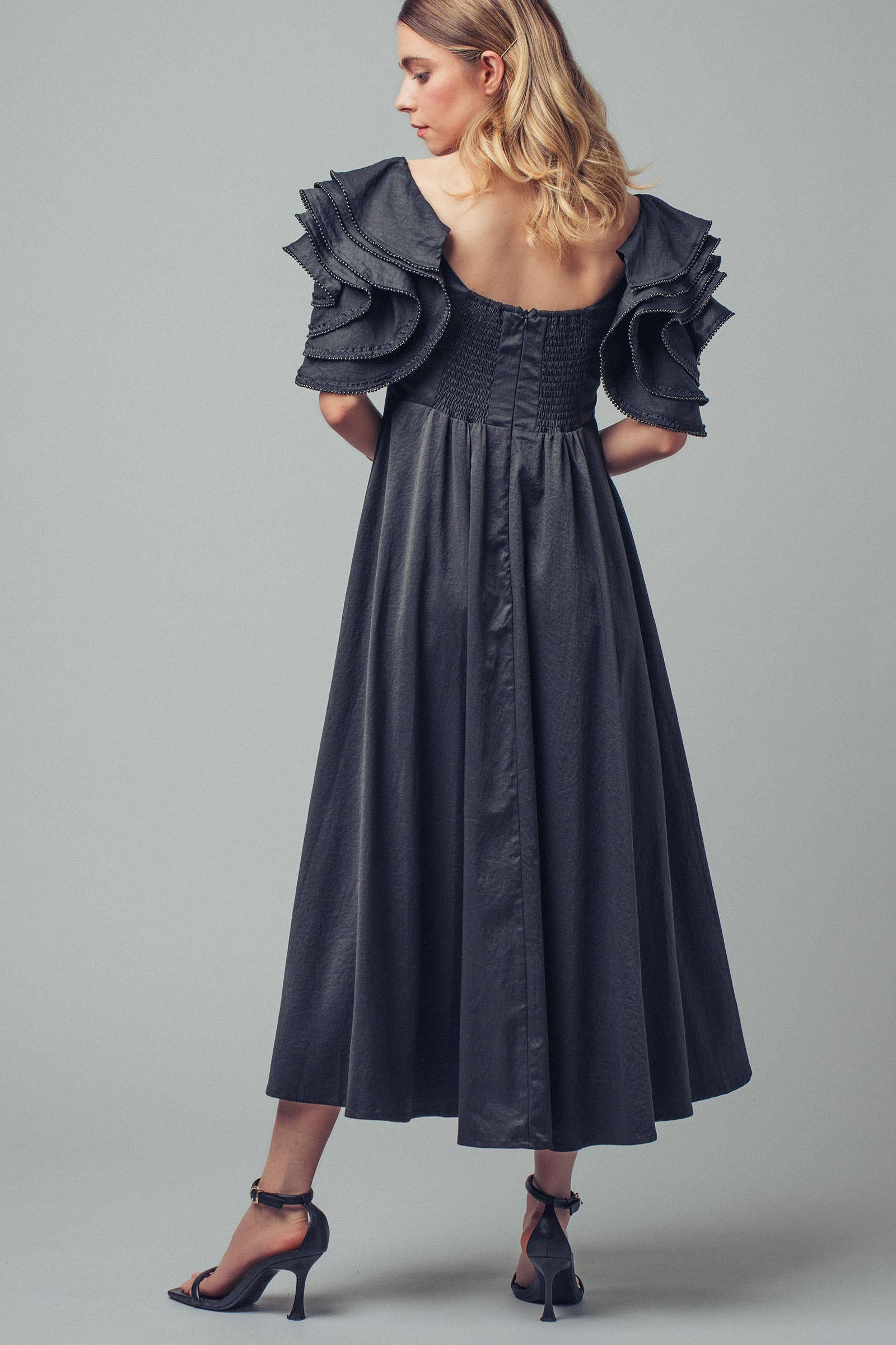 Tiered Ruffle Sleeve Smocked Midi Dress