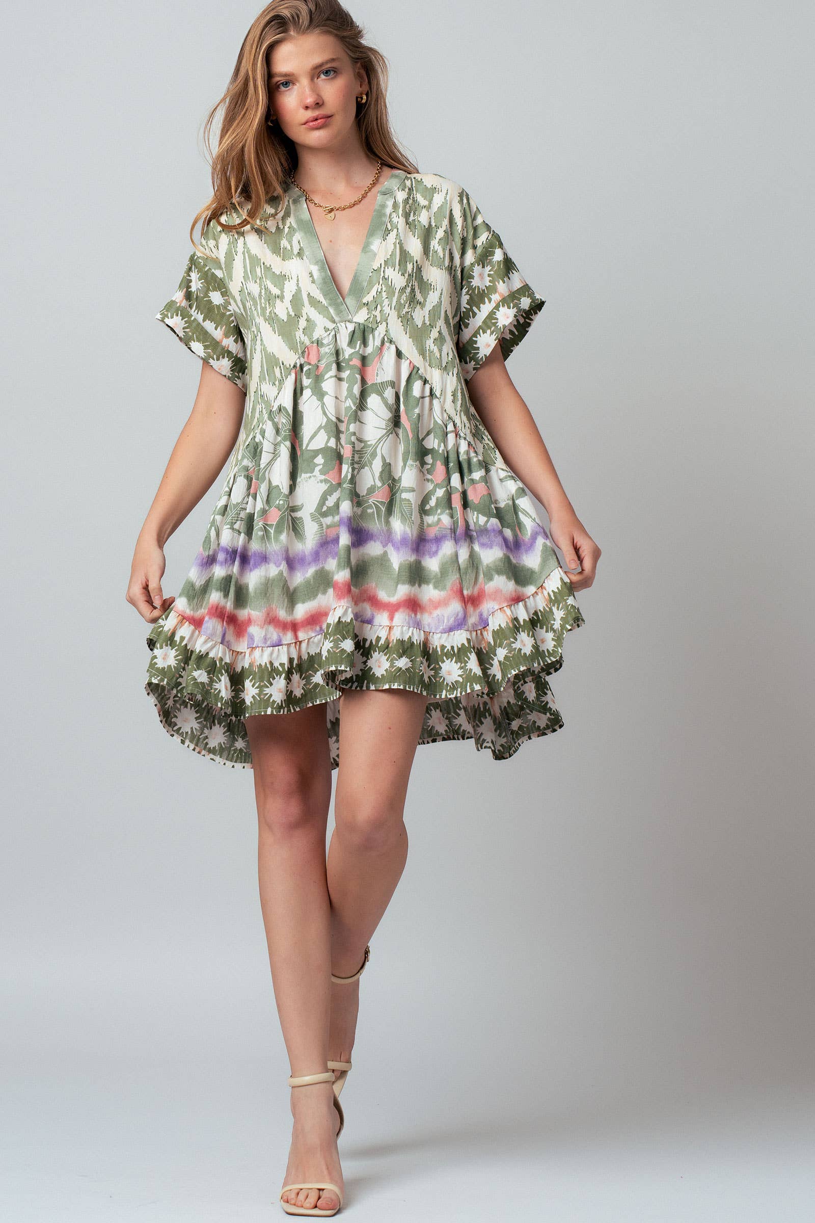 Urban Daizy Boho Mixed Print V-Neck Mini Dress Green-Multi Dress - Women's (UDZ-DR-00479) – alternate view 12