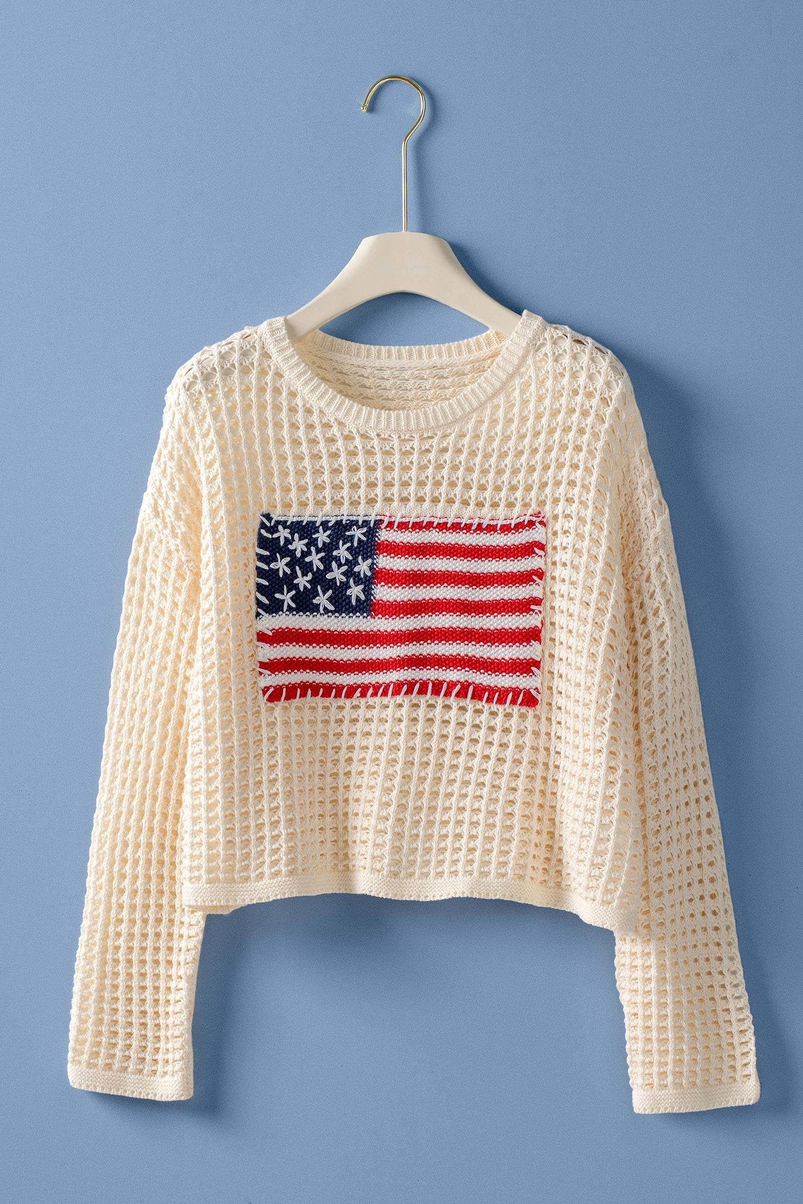 Urban Daizy American Flag Patch Open Knit Cotton Sweater Ivory Knit Sweater - Women's (TNSW1129)