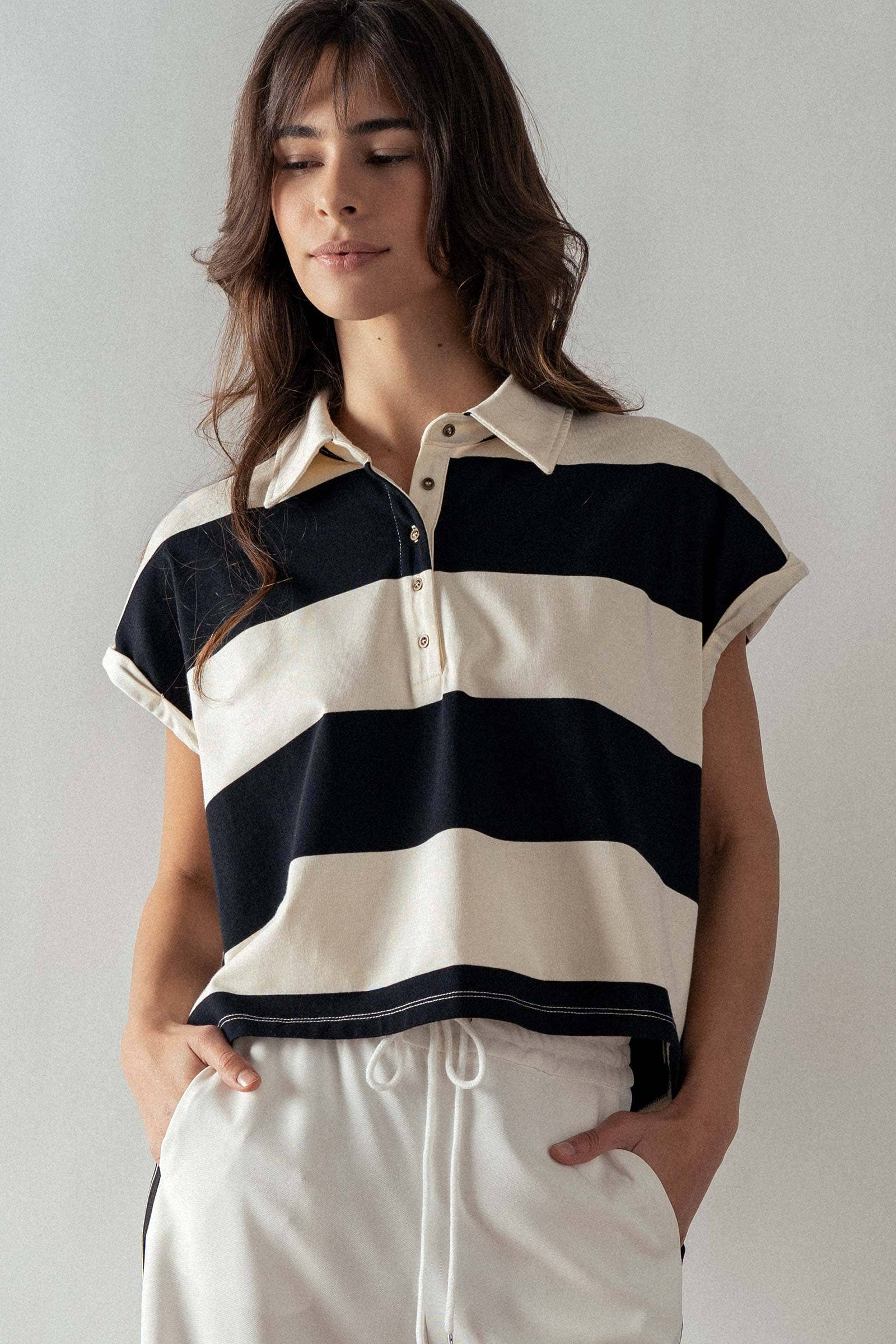Urban Daizy Bold Striped Dolman Sleeve Polo Shirt Ivory Black Polo - Women's (UDZ-TP-00660) – alternate view 18