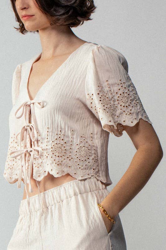 Urban Daizy Embroidered Eyelet Flutter Sleeve Top and Wide Leg Pants Natural Top & Pant Set (NOT Loungewear) - Women's (UDZ-PT-00354) – alternate view 8