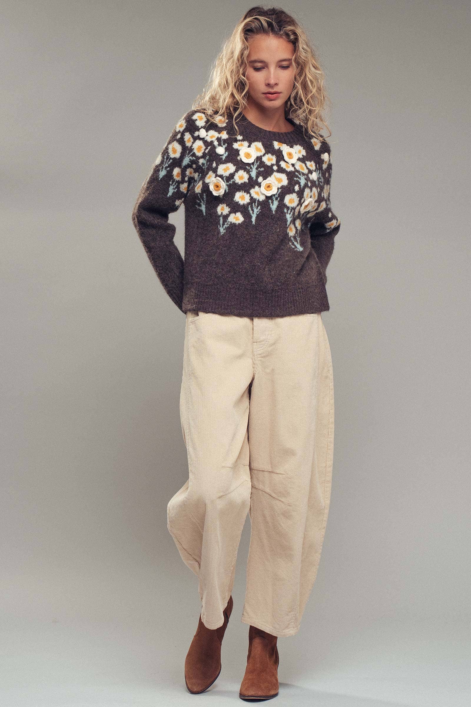 Urban Daizy Daisy Embossed 3D Floral Knit Sweater Brown Knit Sweater - Women's (UDZ-KN-00653) – alternate view 7
