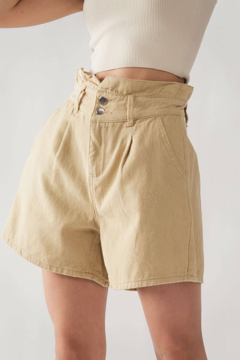 Urban Daizy Double Button Paper Bag Pleated Bermuda Shorts Beige Shorts - Women's (UDZ-PT-00015)