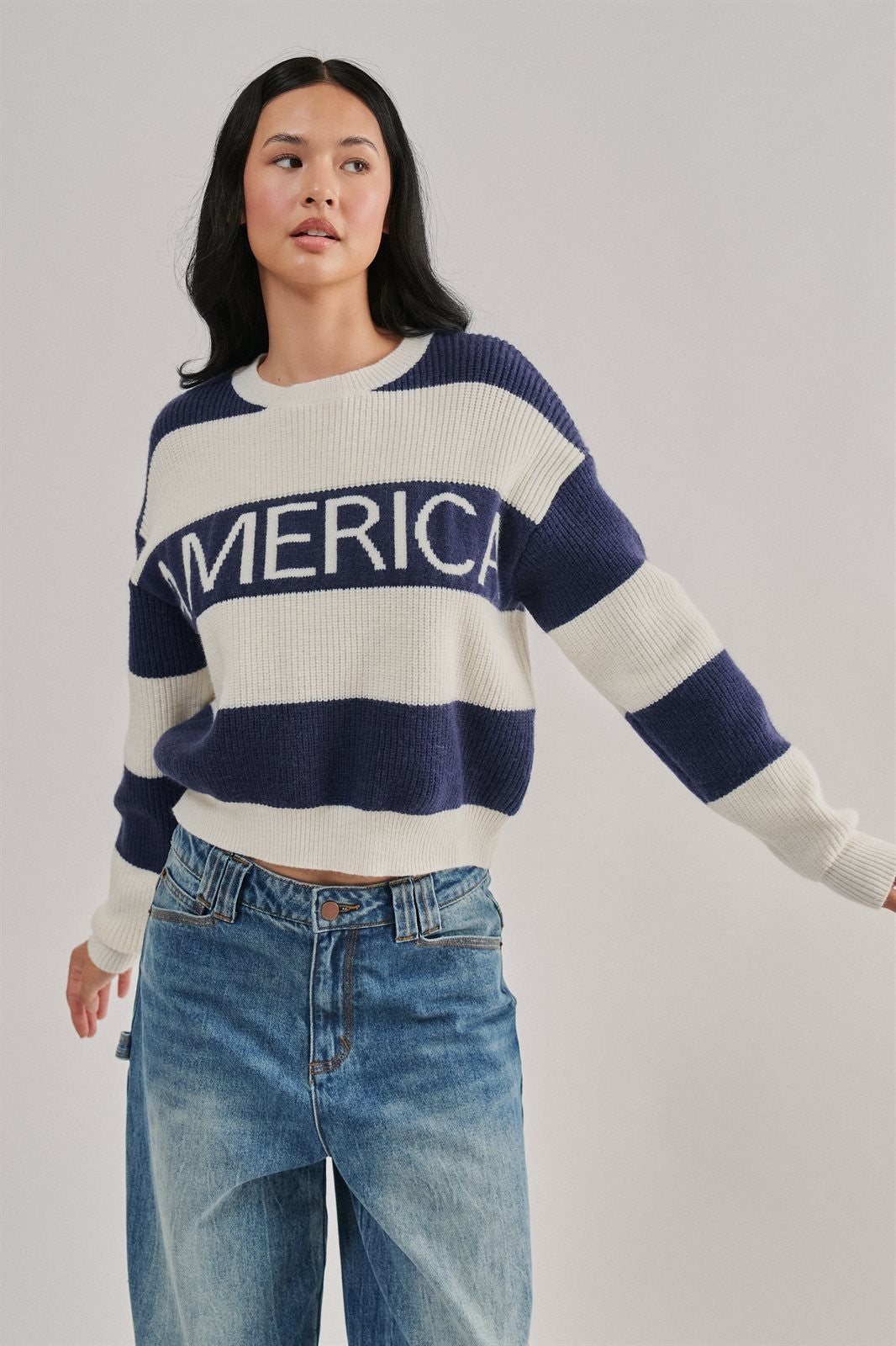 Nantucket America Stripe Crewneck Sweater in IVORY NAVY - Women's Sweaters | Urban Daizy