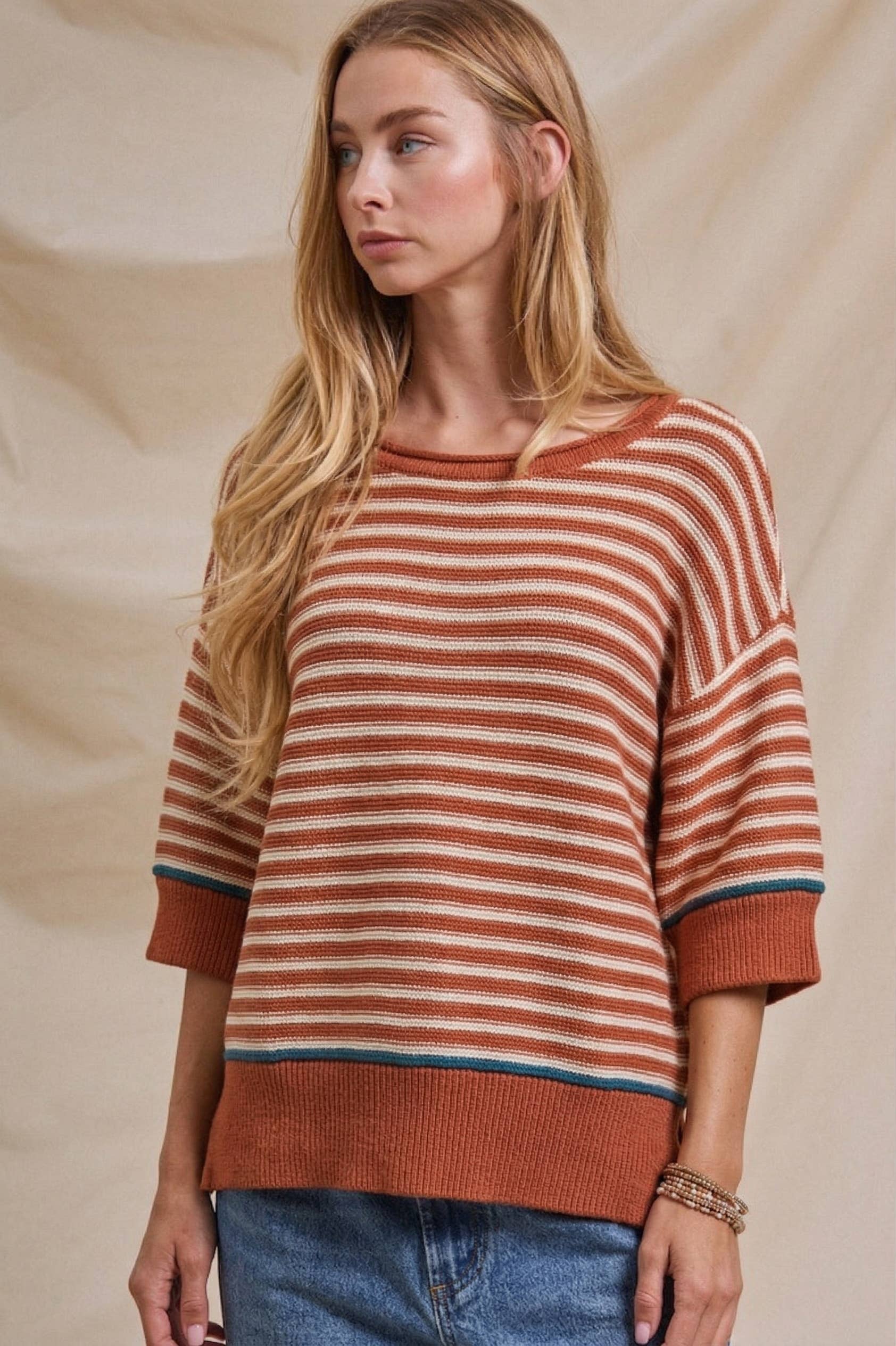 Yellow Striped Contrast Trim Sweater Tee