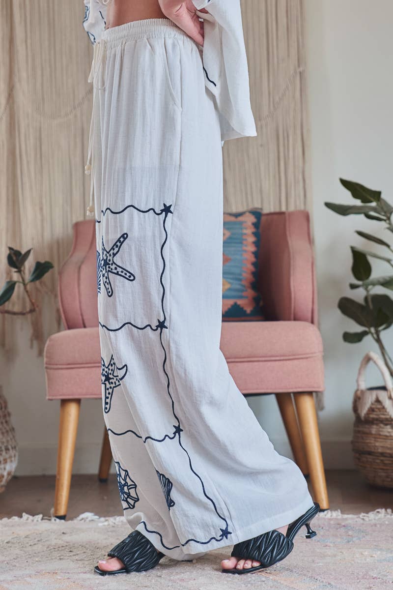 Seashell Embroidered Linen Blend Wide Leg Pants