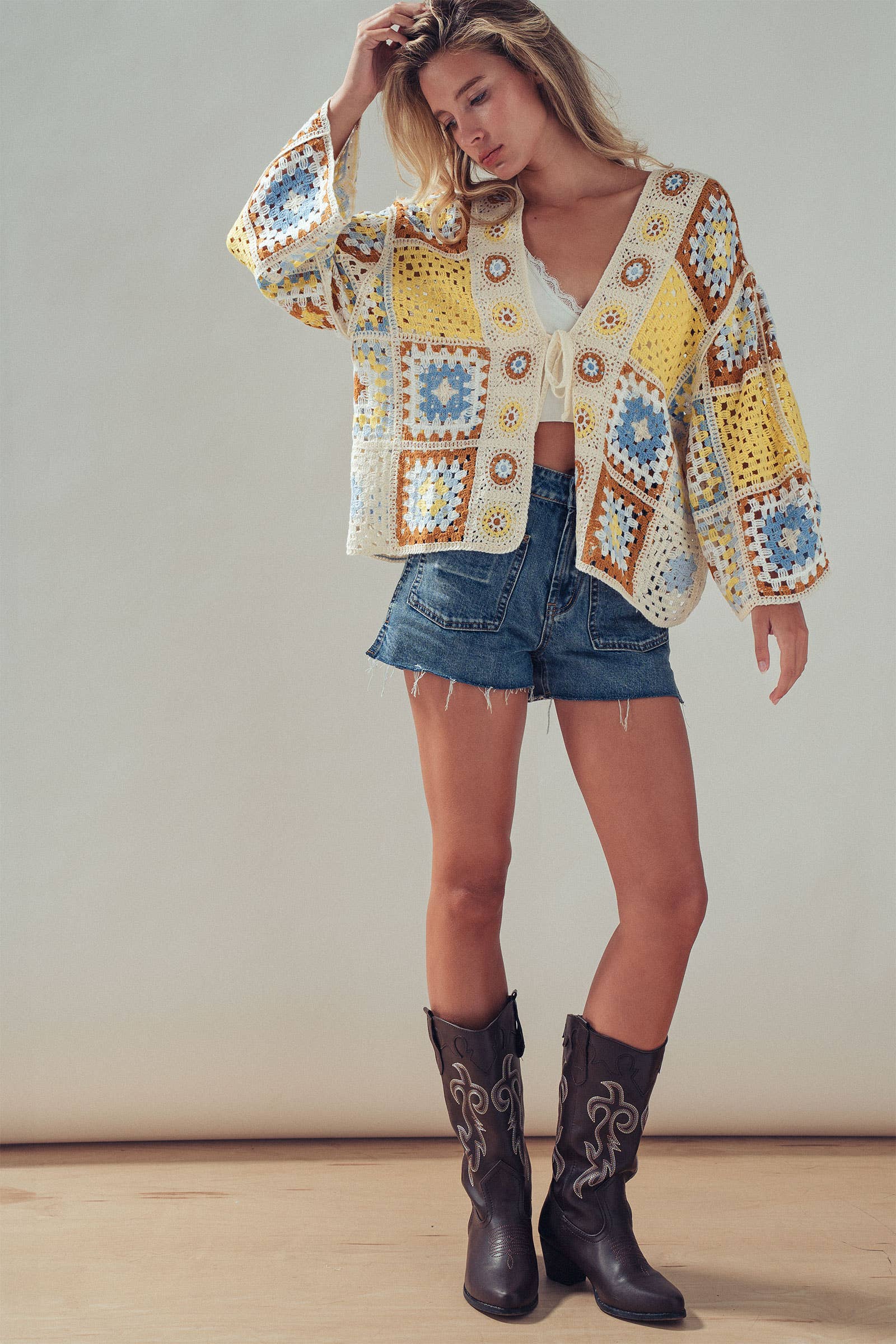 Granny Square Crochet Tie-Front Cardigan