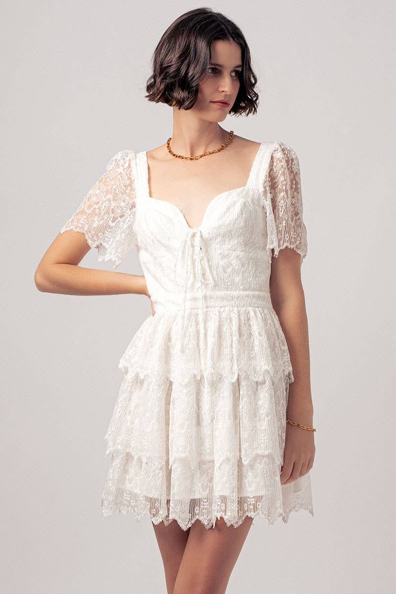 Tiered Lace Mini Dress with Corset Bodice and Puff Sleeves
