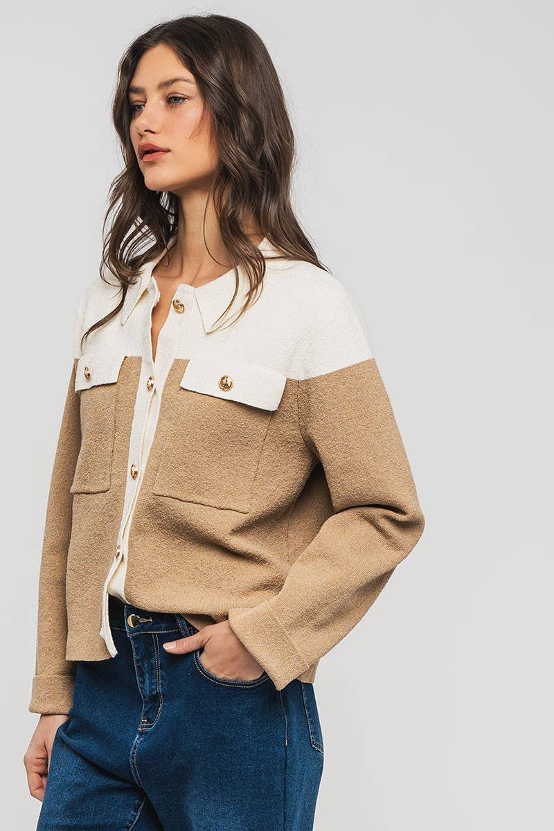 Urban Daizy Colorblock Button-Up Cropped Coat Cream-Black Coat - Women's (UDZ-OT-00349) – alternate view 3