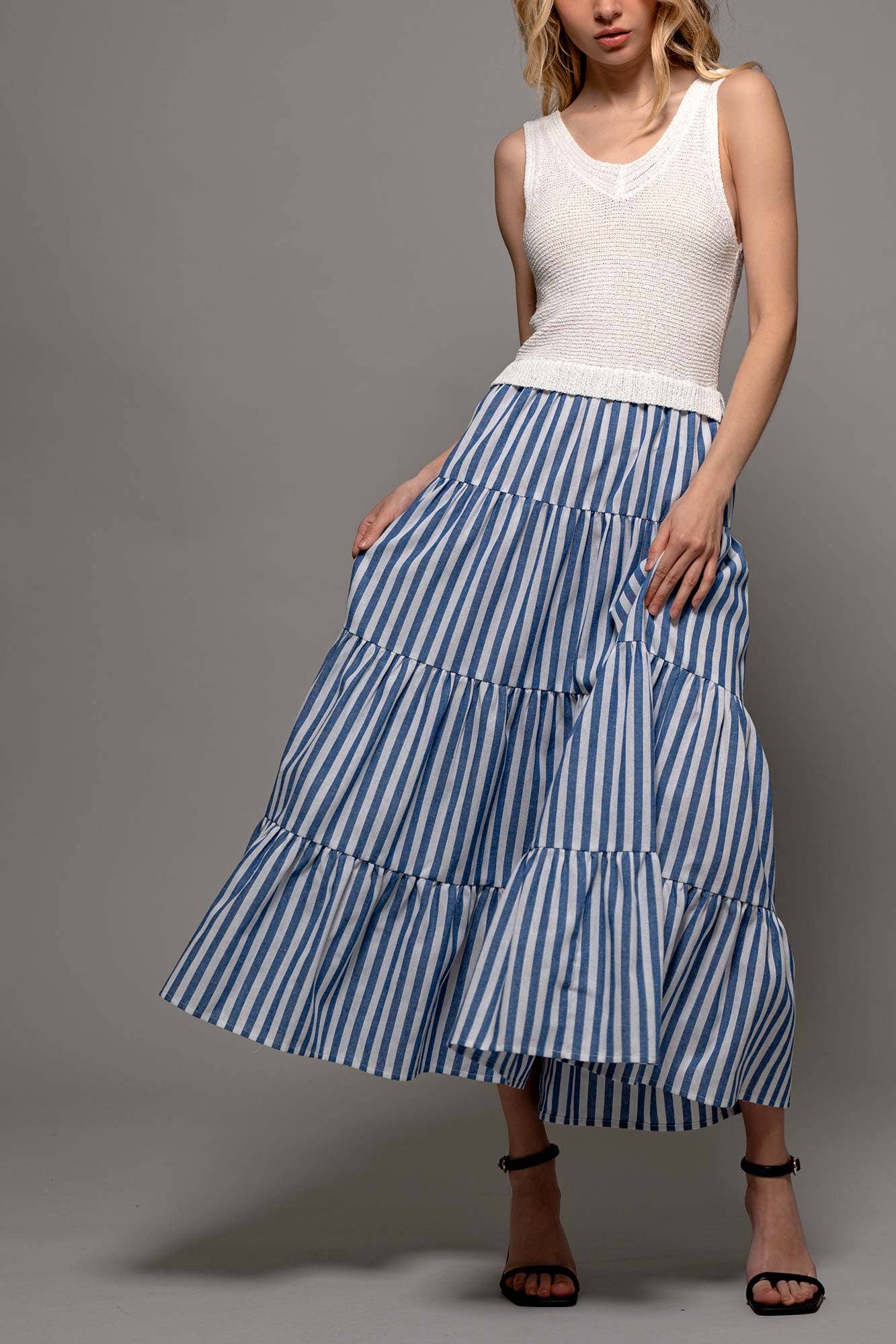 Urban Daizy Ribbed Bodice Striped Tiered Spring Maxi Dress Blue Dress - Women's (UDZ-DR-00178) – alternate view 12