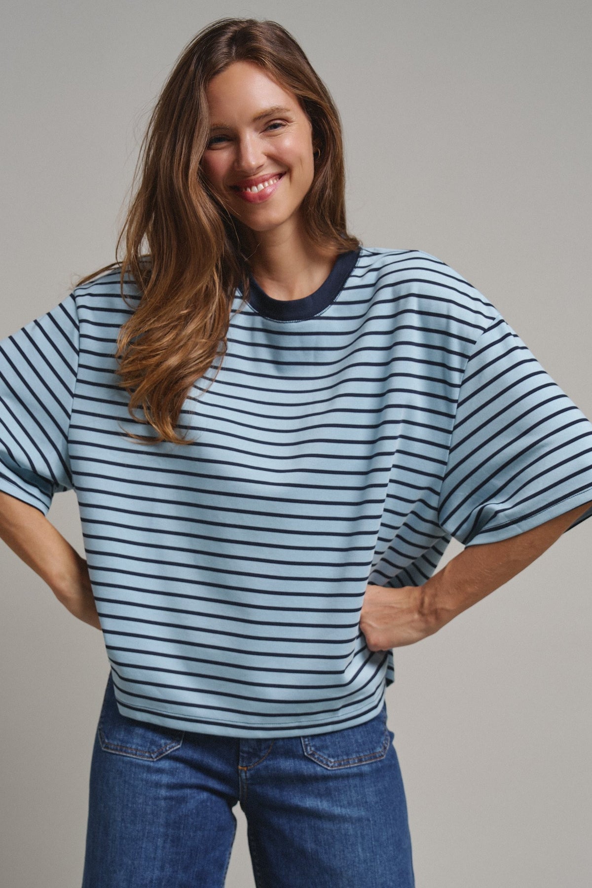 Oversized Striped Contrast Neck Boxy Tee