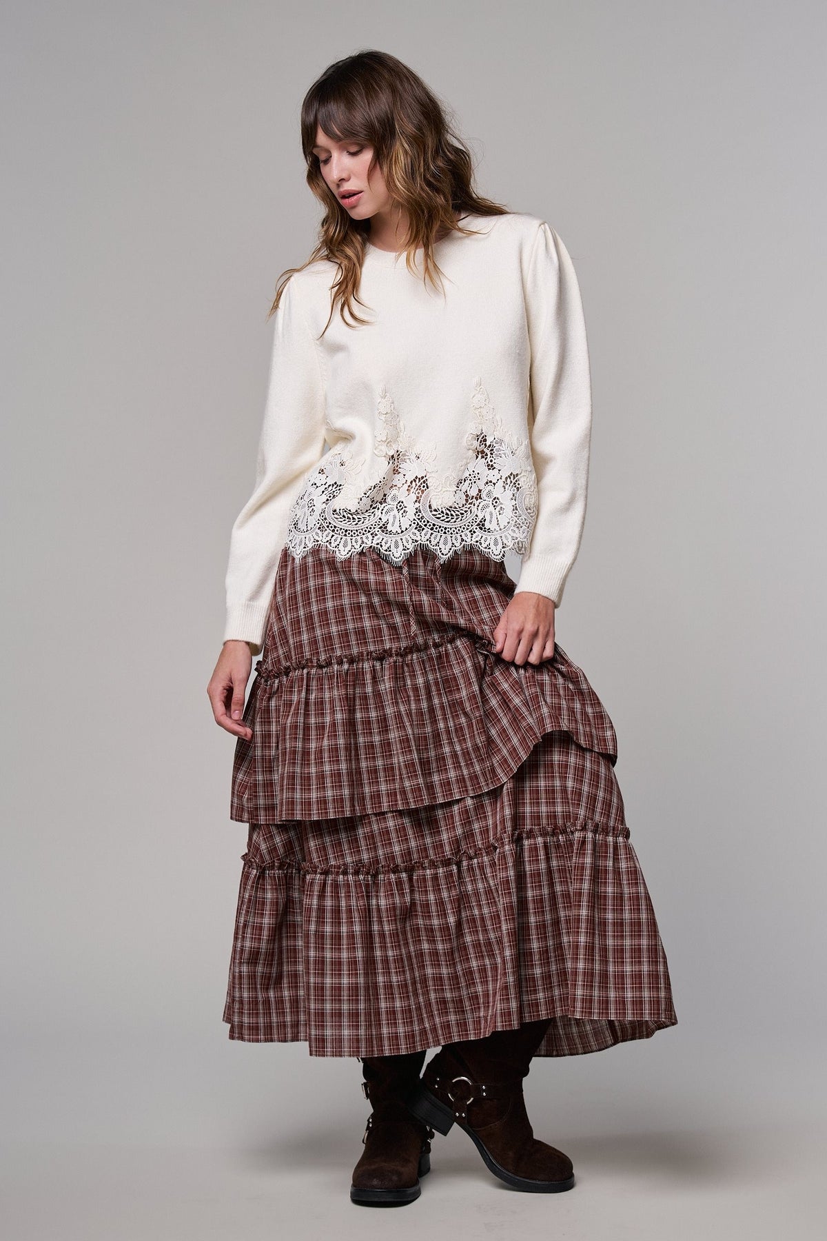 Lace Trim Knit Sweater with Floral Hem Detail in IVORY - Women's Sweaters | Urban Daizy