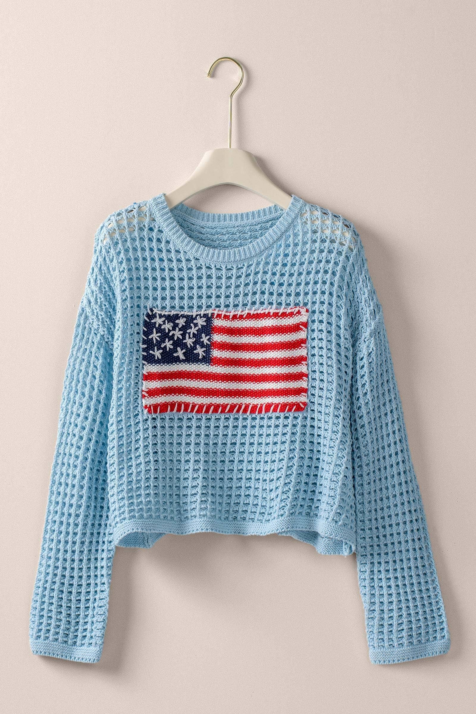 Urban Daizy American Flag Patch Open Knit Cotton Sweater Ivory Knit Sweater - Women's (TNSW1129) – alternate view 2