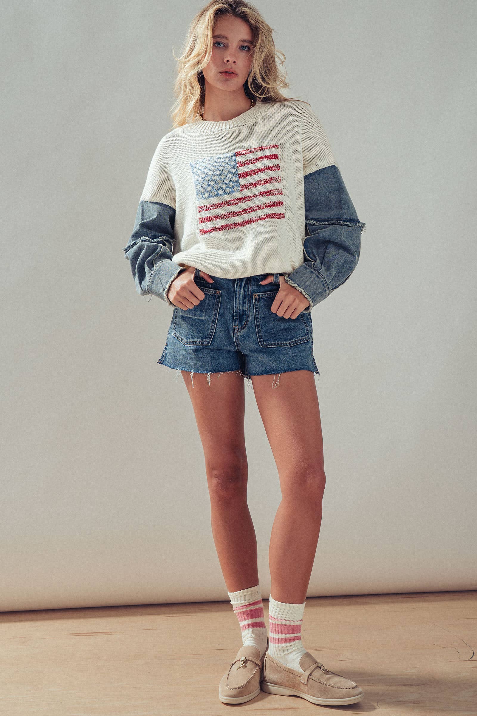 American Flag Mixed Media Denim Sleeve Sweater