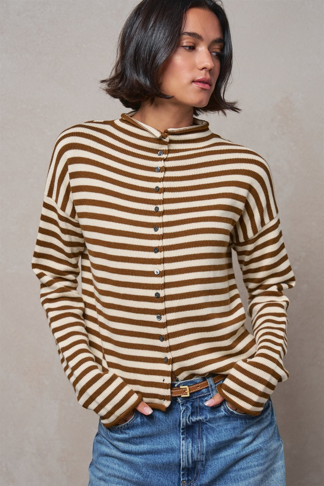 Striped Polo Collar Button Sweater with Rolled Edges in IVORY BROWN - Women's Cardigans & Shrugs | Urban Daizy