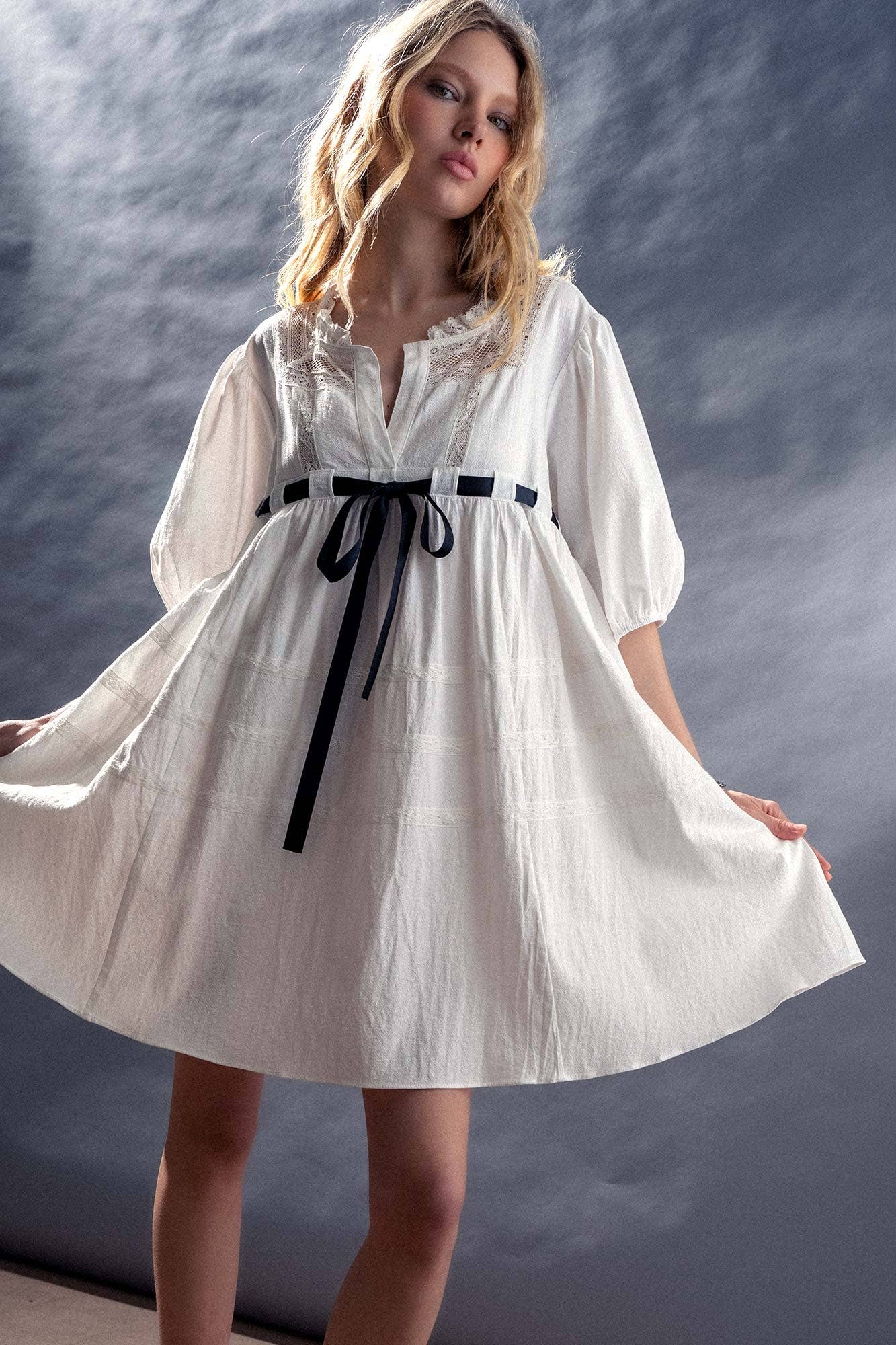 Urban Daizy Square Neck Lace Trim Bow Detail Empire Waist Dress Ivory Dress - Women's (UDZ-DR-00332) – alternate view 20