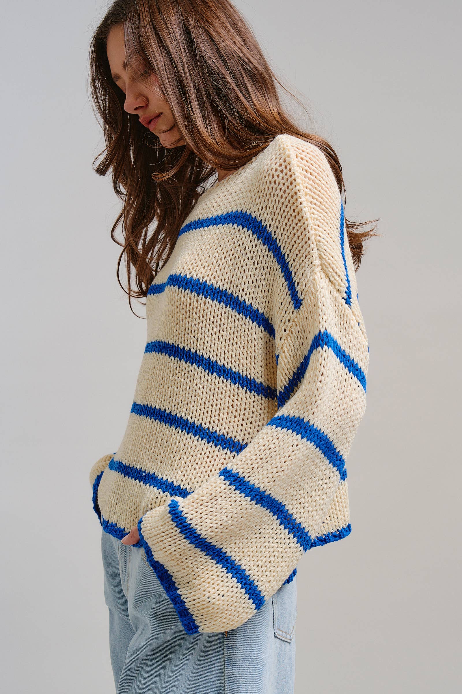 Nautical Striped Open Knit Slouchy Sweater
