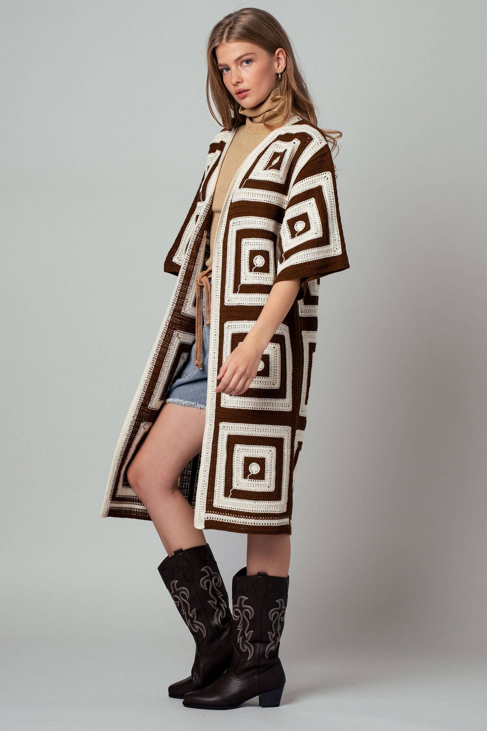 Geometric Granny Square Crochet Open Front Cardigan