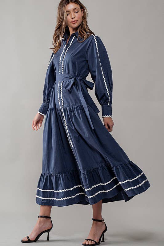 Urban Daizy Scalloped Tiered Cotton Button Down Belted Midi Dress Navy Dress - Women's (UDZ-DR-00311) – alternate view 3