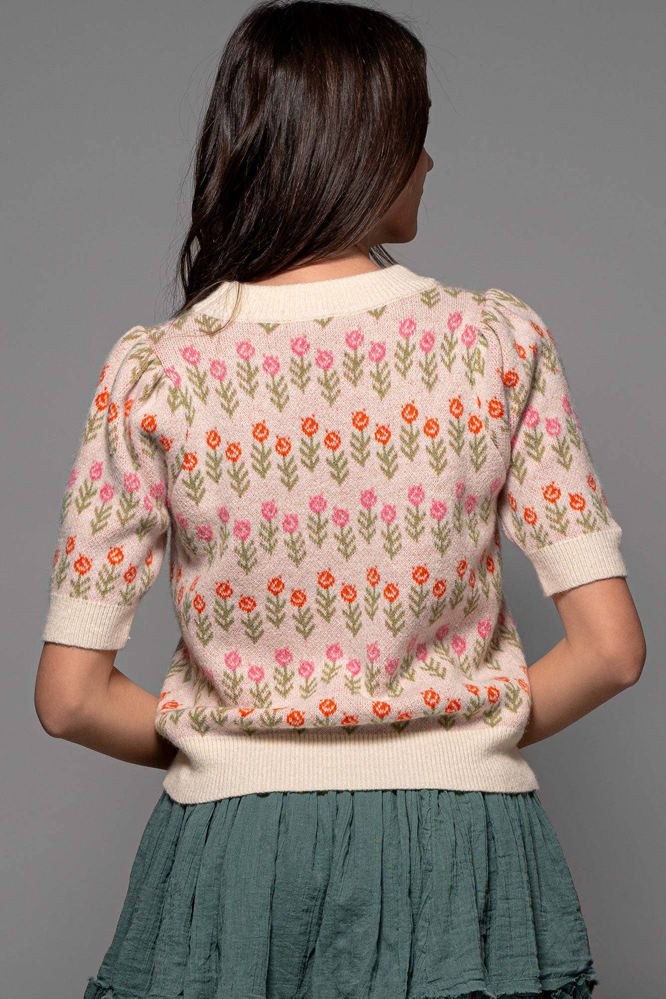 Urban Daizy Floral Print Crew Neck Knit Sweater Green Knit Top - Women's (UDZ-KN-00522) – alternate view 6