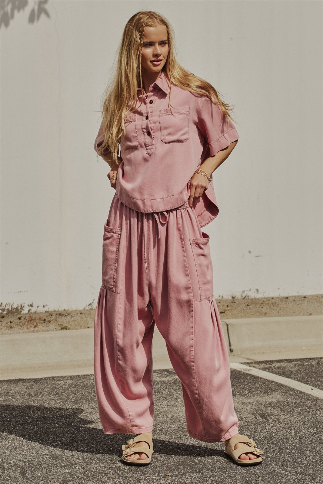 Washed Utility Half-Placket Cropped Shirt in PINK - Women's Shirts & Blouses | Urban Daizy